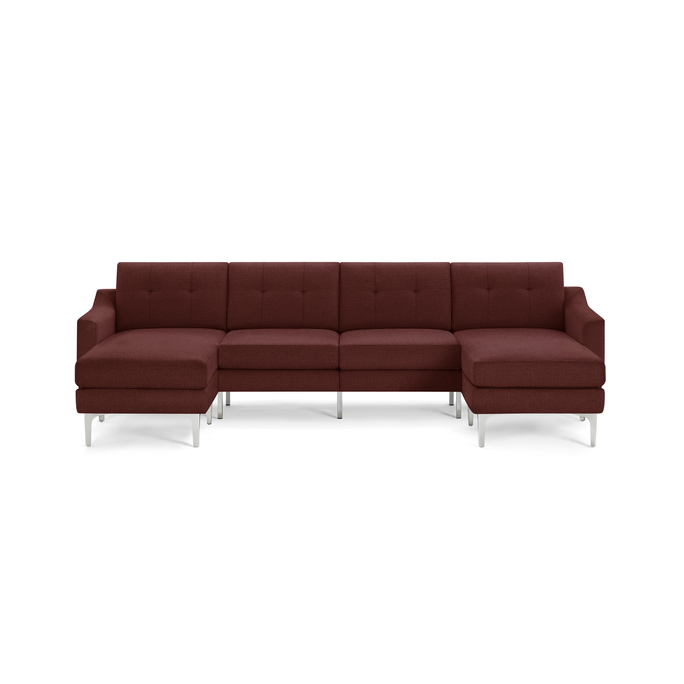 Modern dark red sectional sofa with tufted cushions, metal legs, and L-shaped design featuring chaise lounges on both ends.