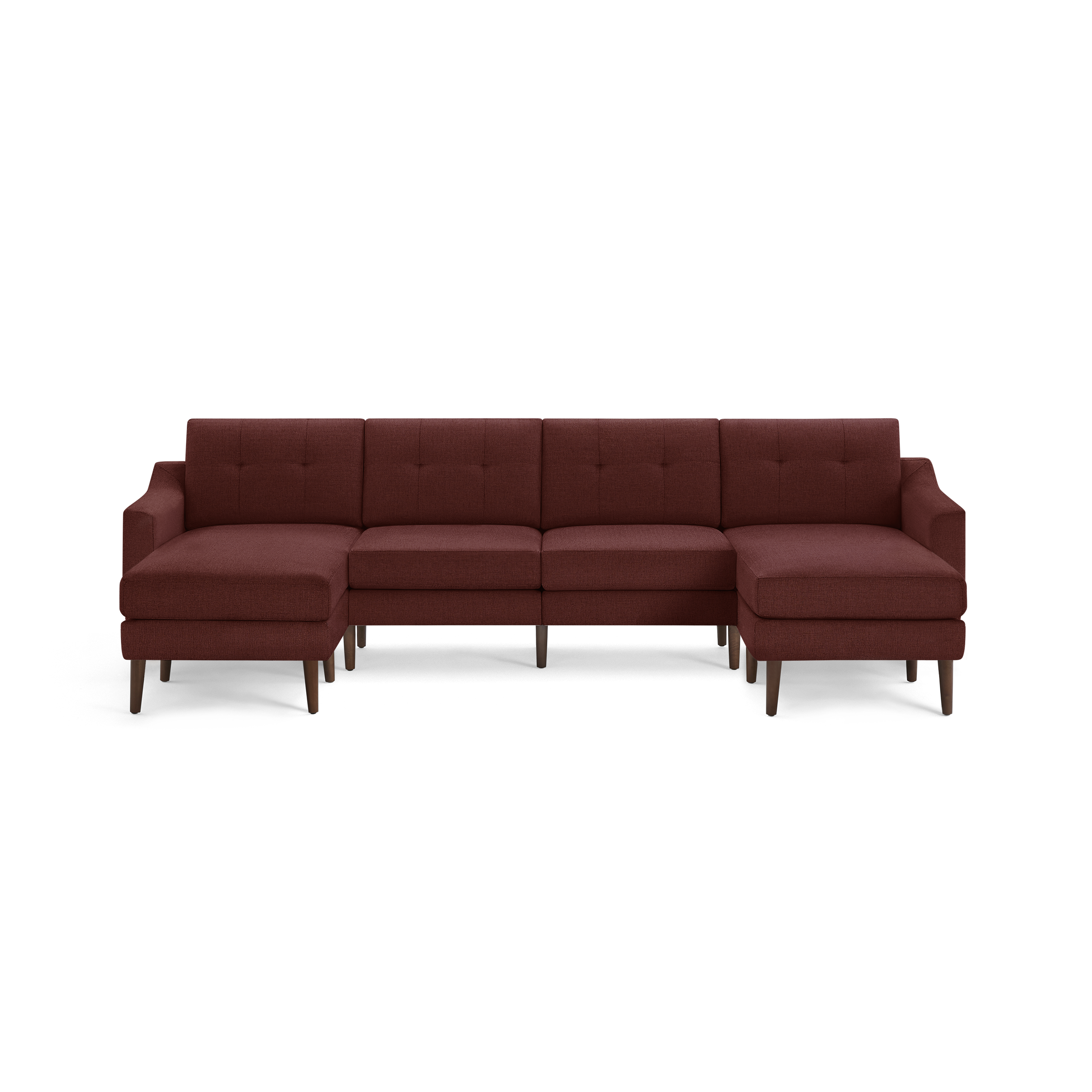 Modern L-shaped sectional sofa in dark red fabric with tufted back cushions and wooden legs, featuring left and right chaise lounges.