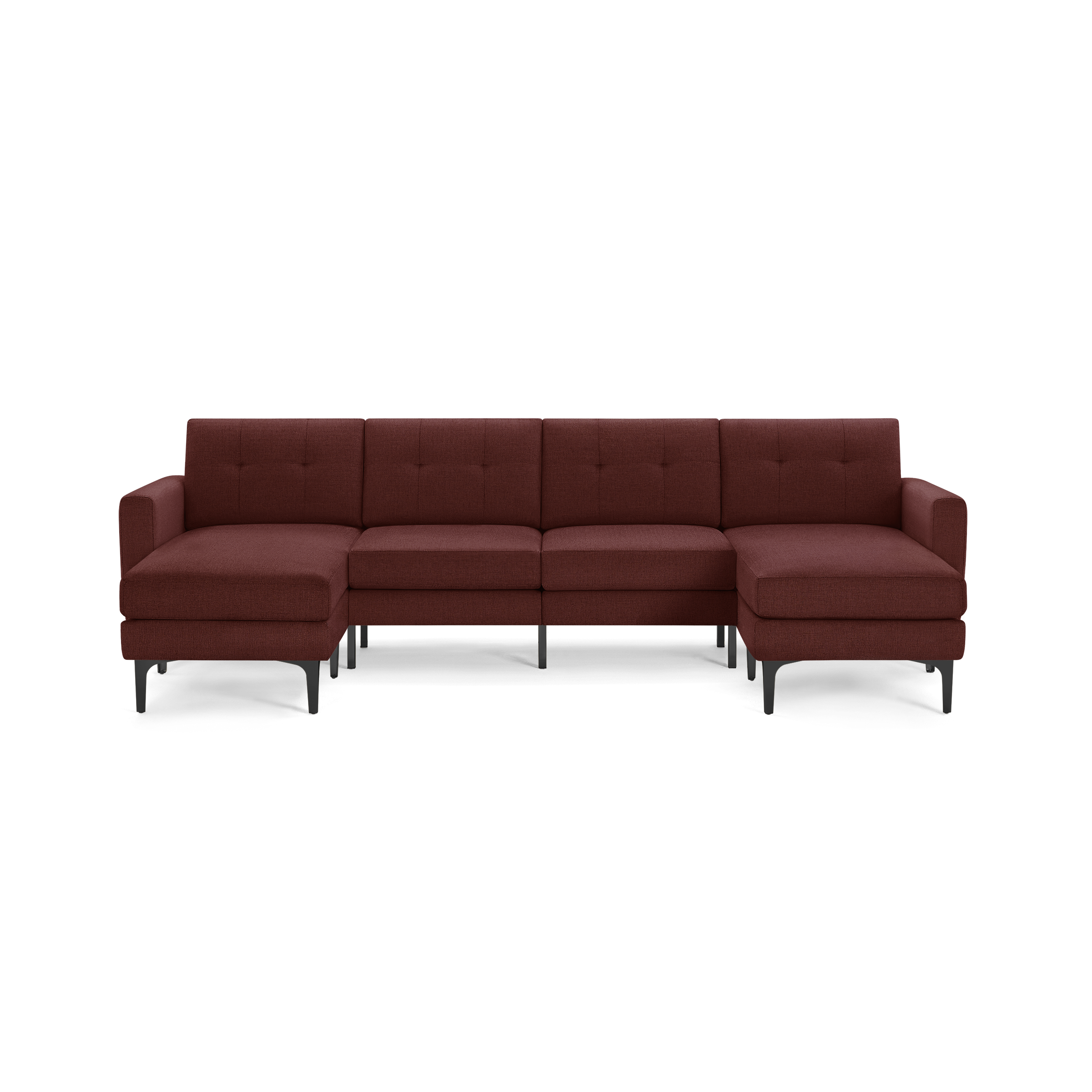 Modern maroon L-shaped sectional sofa with tufted backrests, wide armrests, and black metal legs, designed for spacious seating.