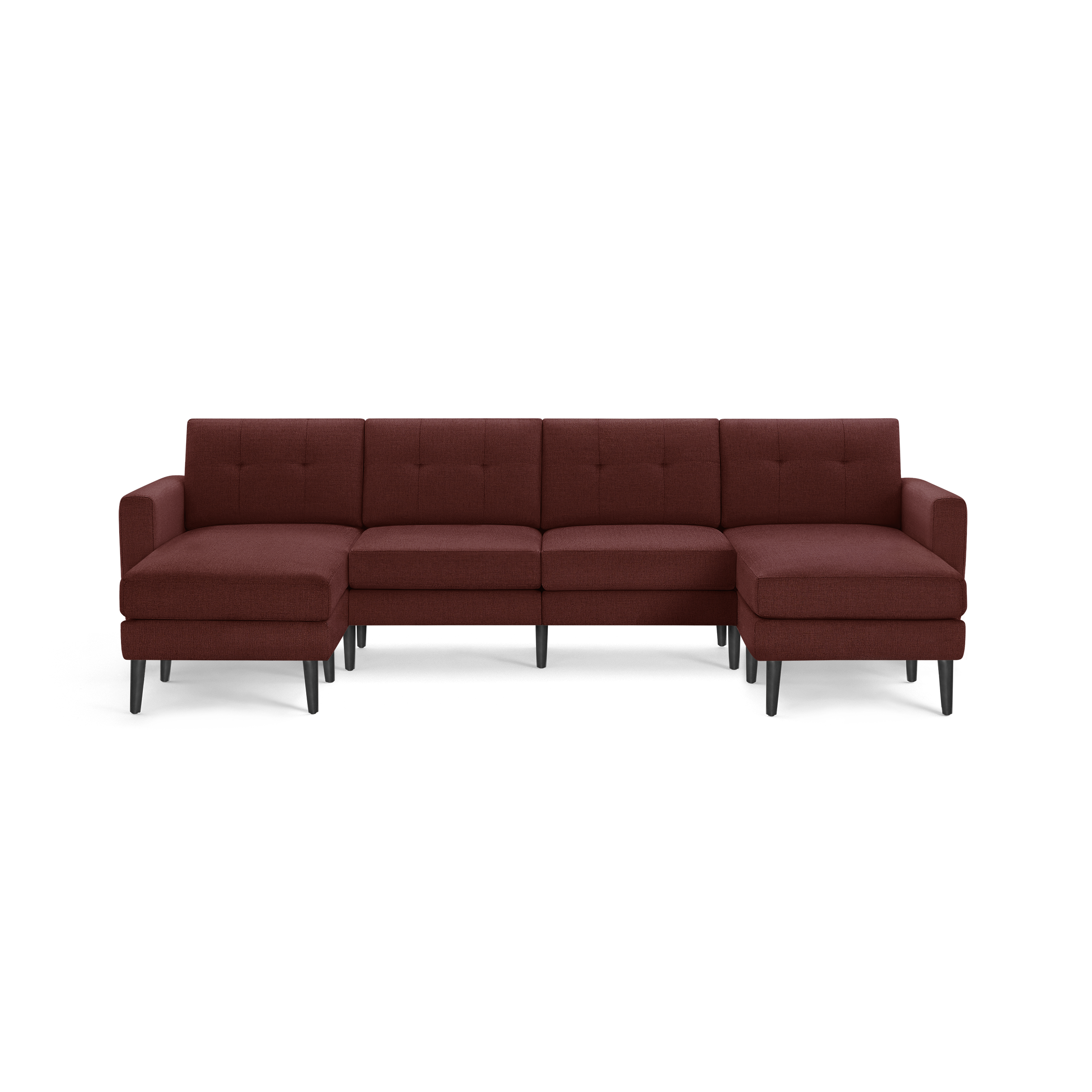 Modern sectional sofa with deep red fabric upholstery, tufted back cushions, right- and left-sided chaise lounges, and black tapered legs.