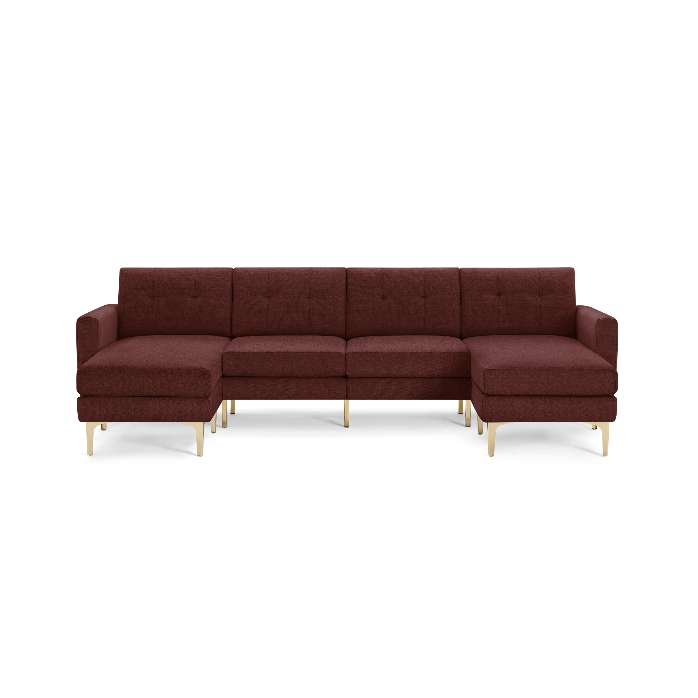 Modern L-shaped sectional sofa in deep rust fabric with tufted back cushions and gold metal legs, featuring wide armrests.
