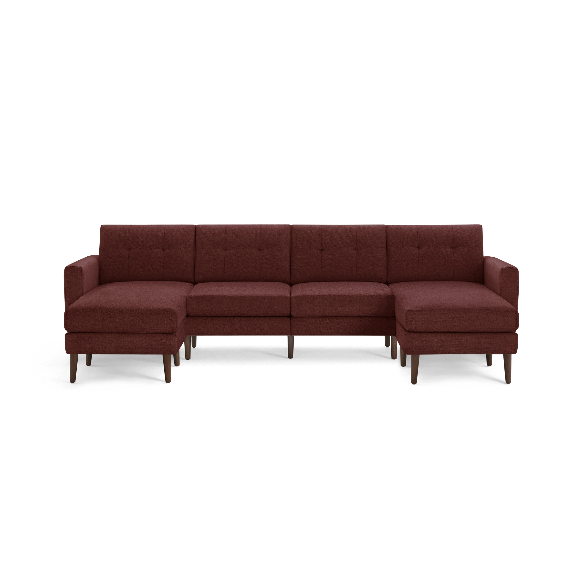Modern sectional sofa in deep red fabric with tufted back cushions and wooden tapered legs, featuring two chaise lounge ends.