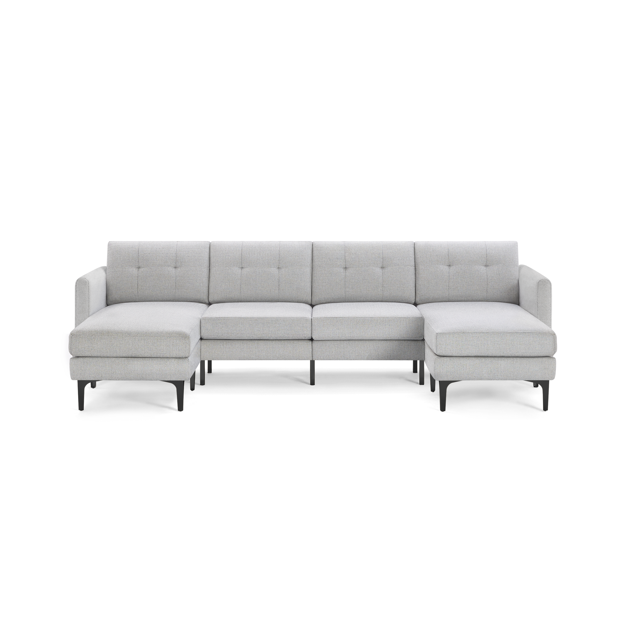 Light gray modern sectional sofa with tufted back cushions, black metal legs, and left and right chaise ends.