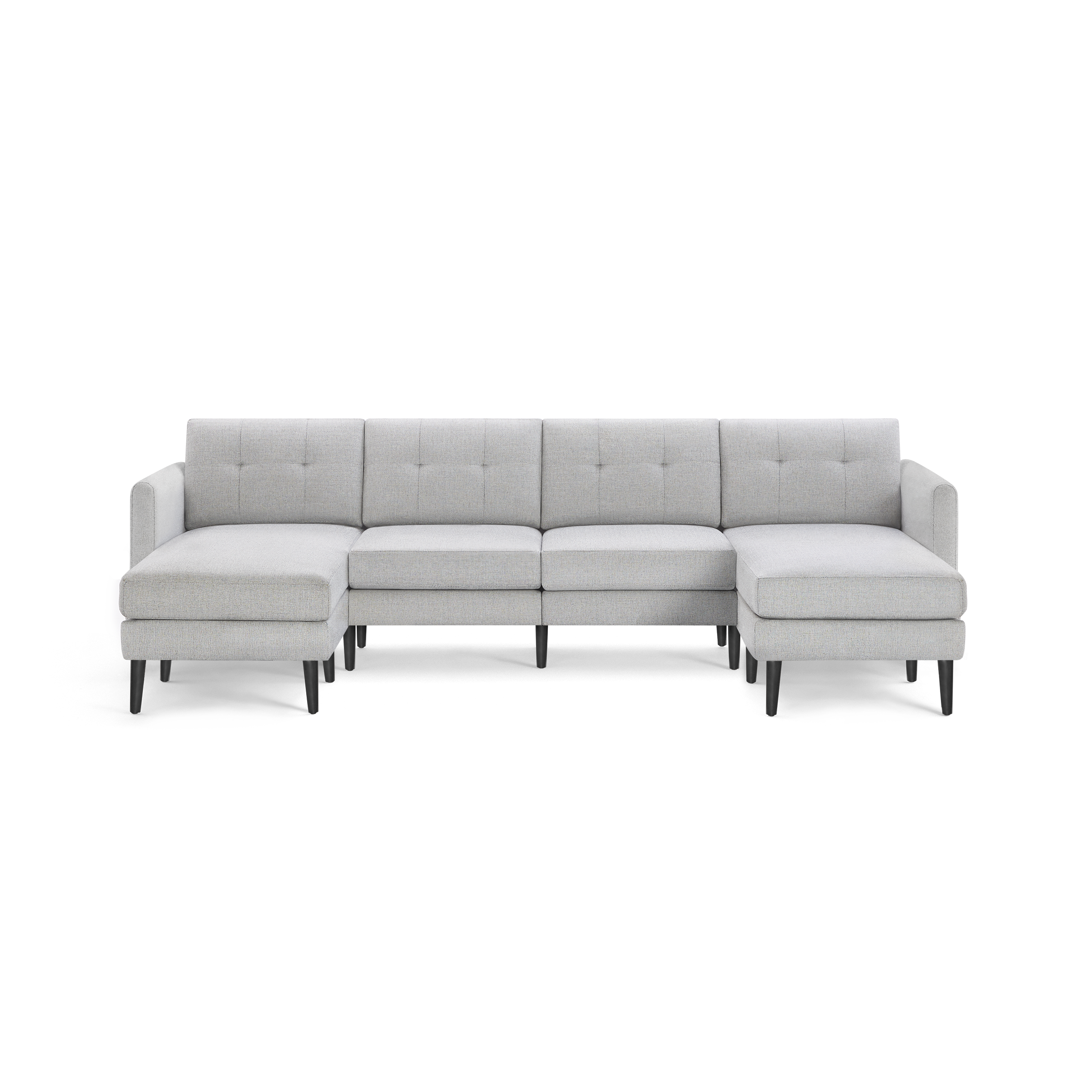 Light gray, modern sectional sofa with tufted back cushions, L-shaped design, left and right chaise ends, and black wooden legs.