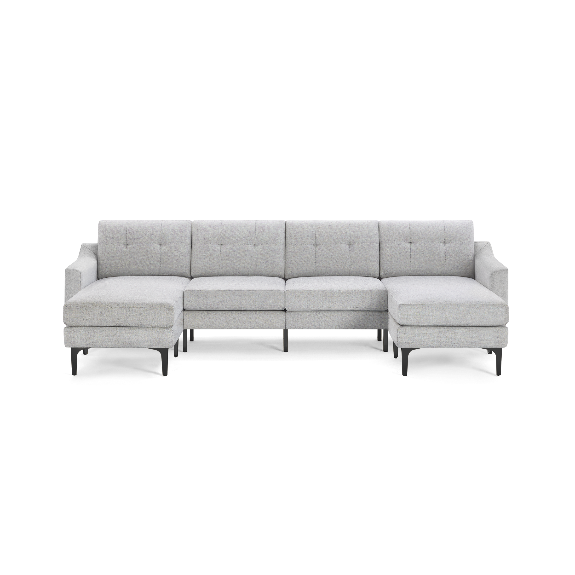 Light gray modern sectional sofa with tufted back cushions, black metal legs, and chaise lounge on both ends.