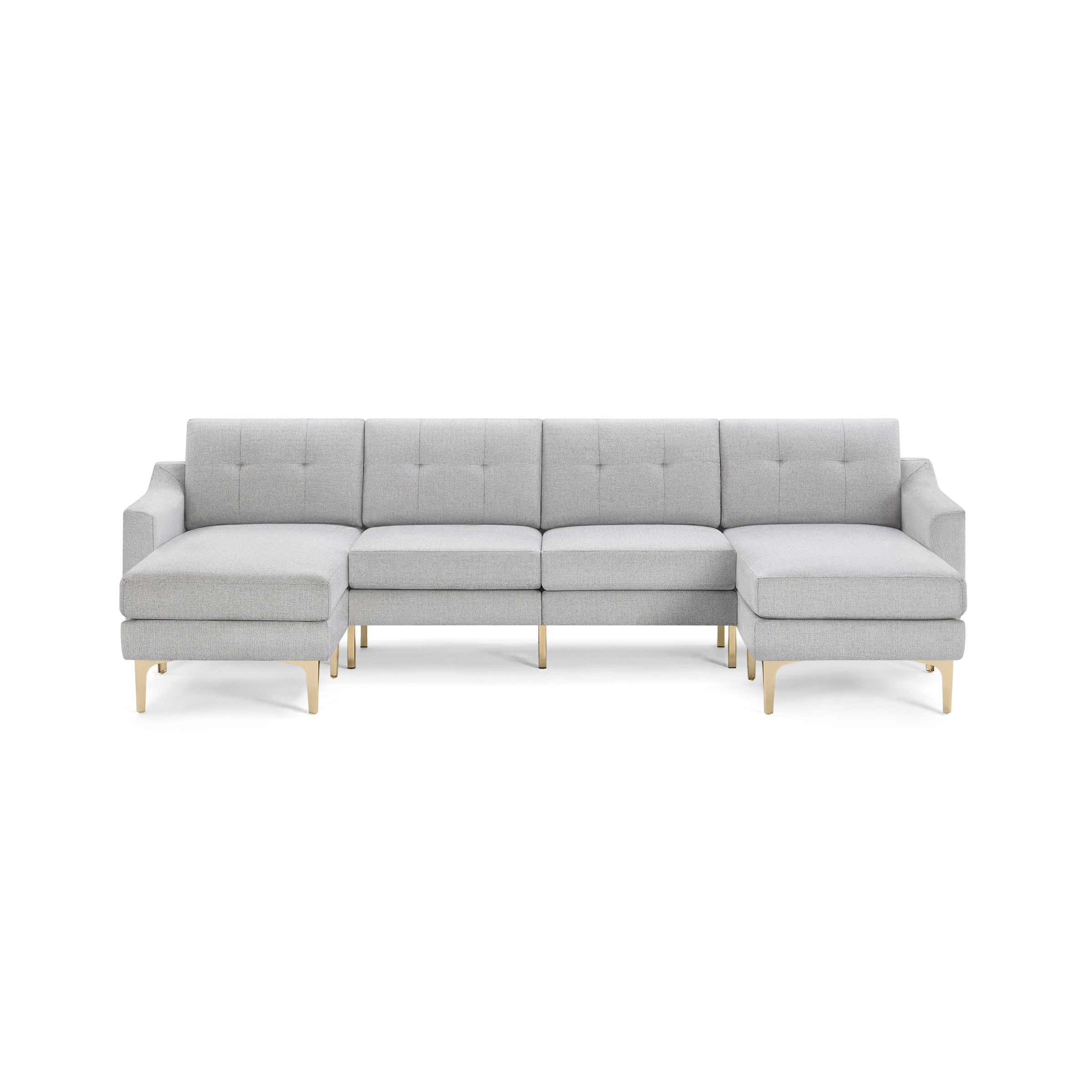 Light gray upholstered sectional sofa with tufted back cushions and gold metal legs, featuring left and right chaise ends.
