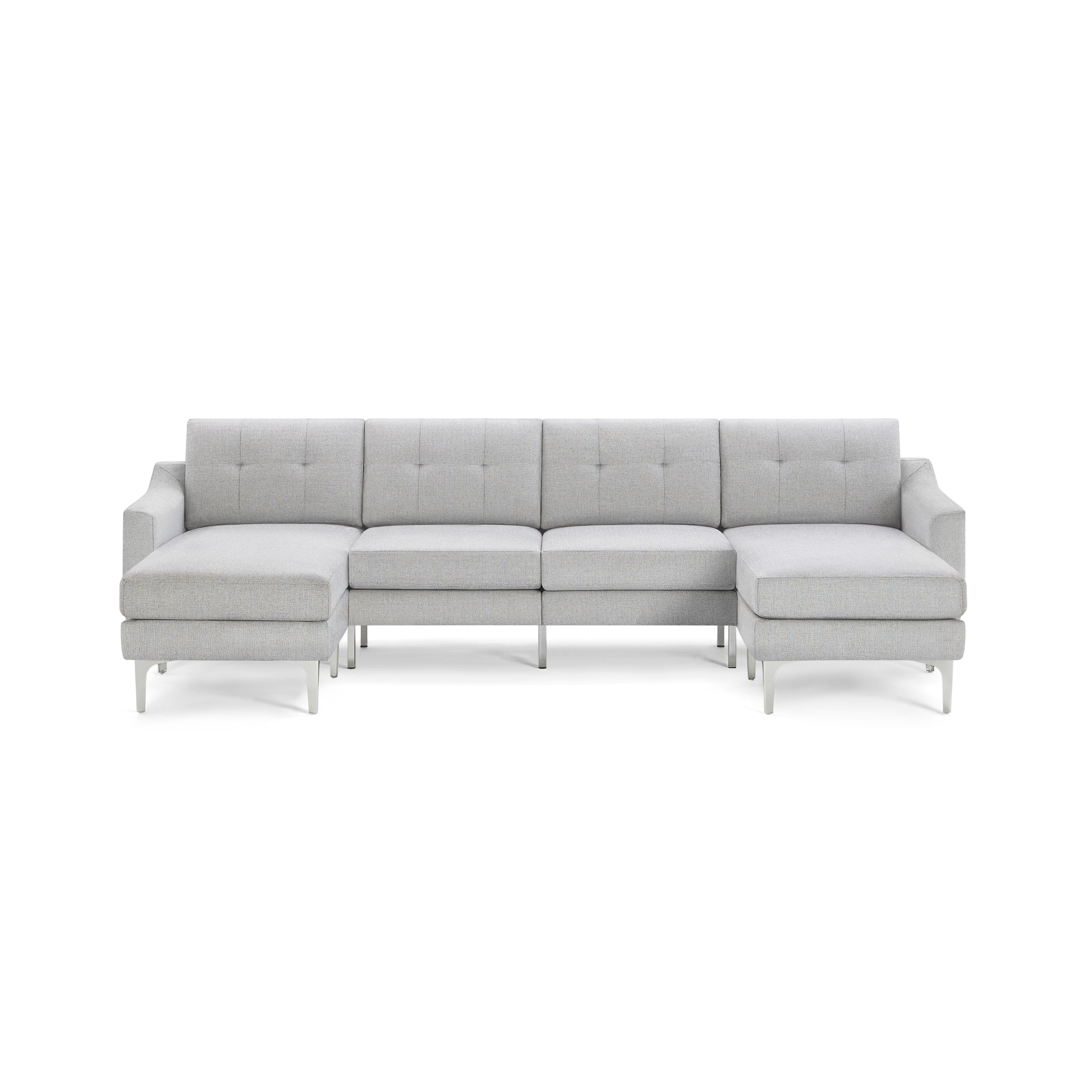 Light gray modern sectional sofa with tufted back cushions, metal legs, and symmetrical chaise lounges on both ends.