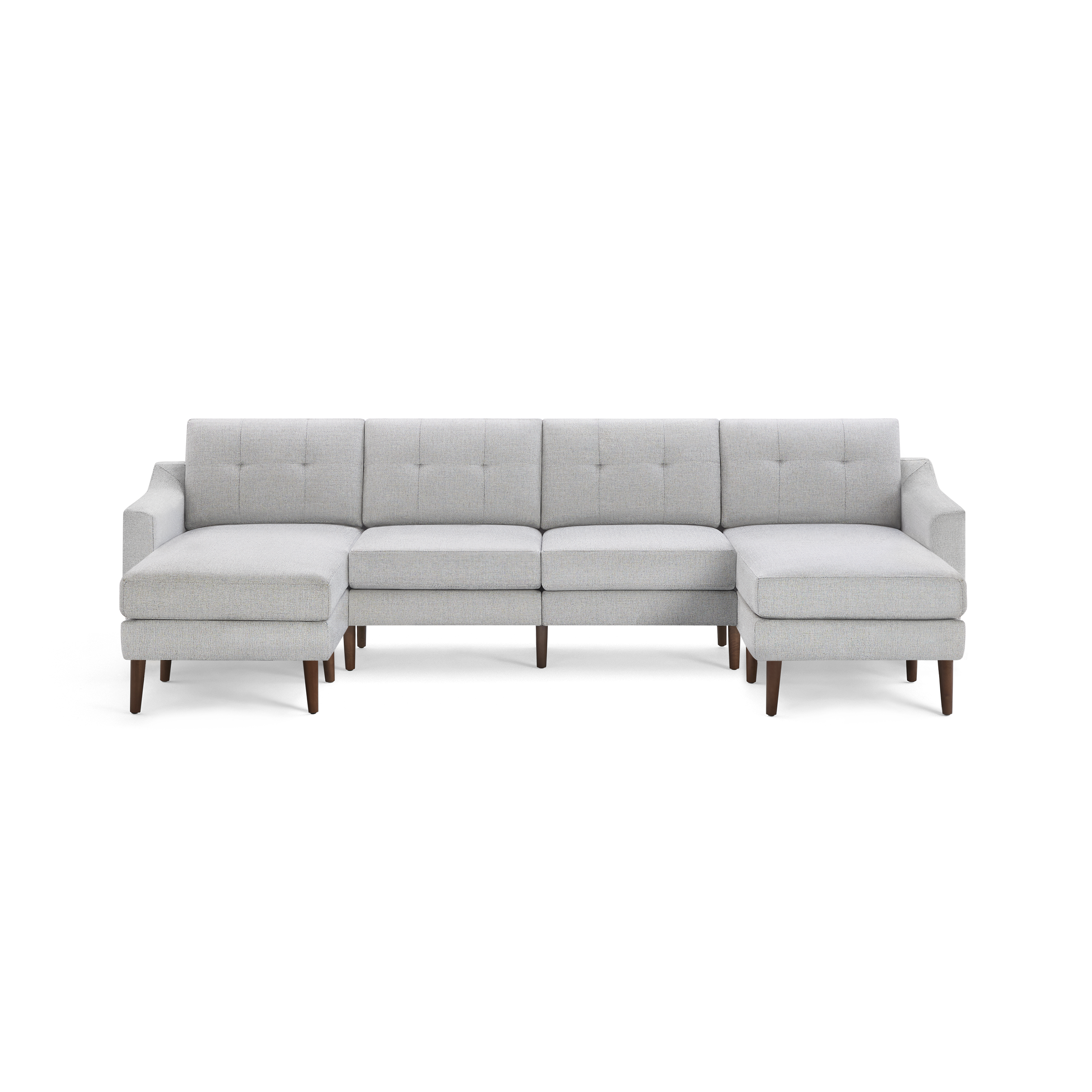 Modern light gray sectional sofa with tufted back cushions, wooden legs, and left and right chaise lounges.