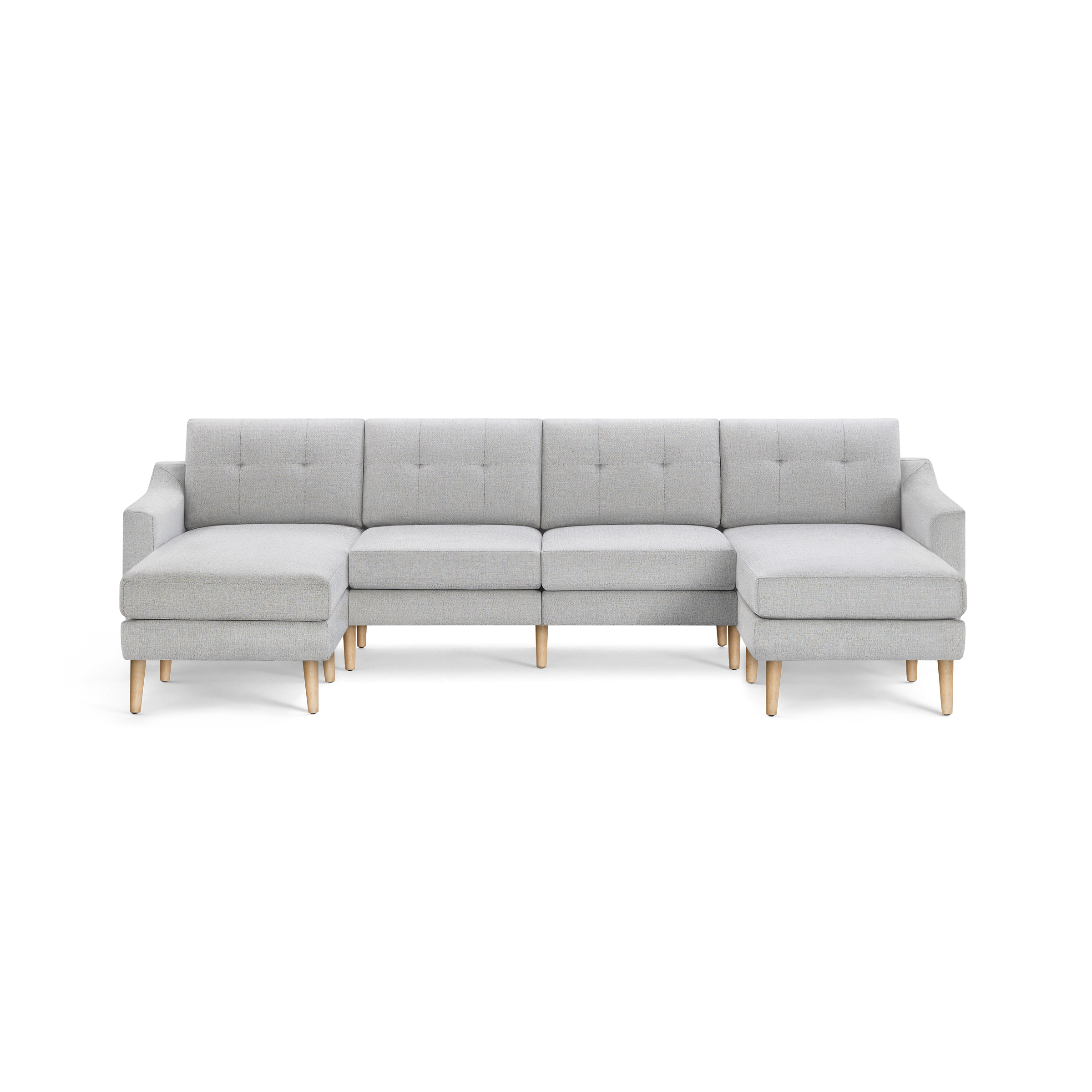 Light gray modern sectional sofa with tufted cushions, wooden legs, and L-shaped design featuring chaise lounge sections on both ends.