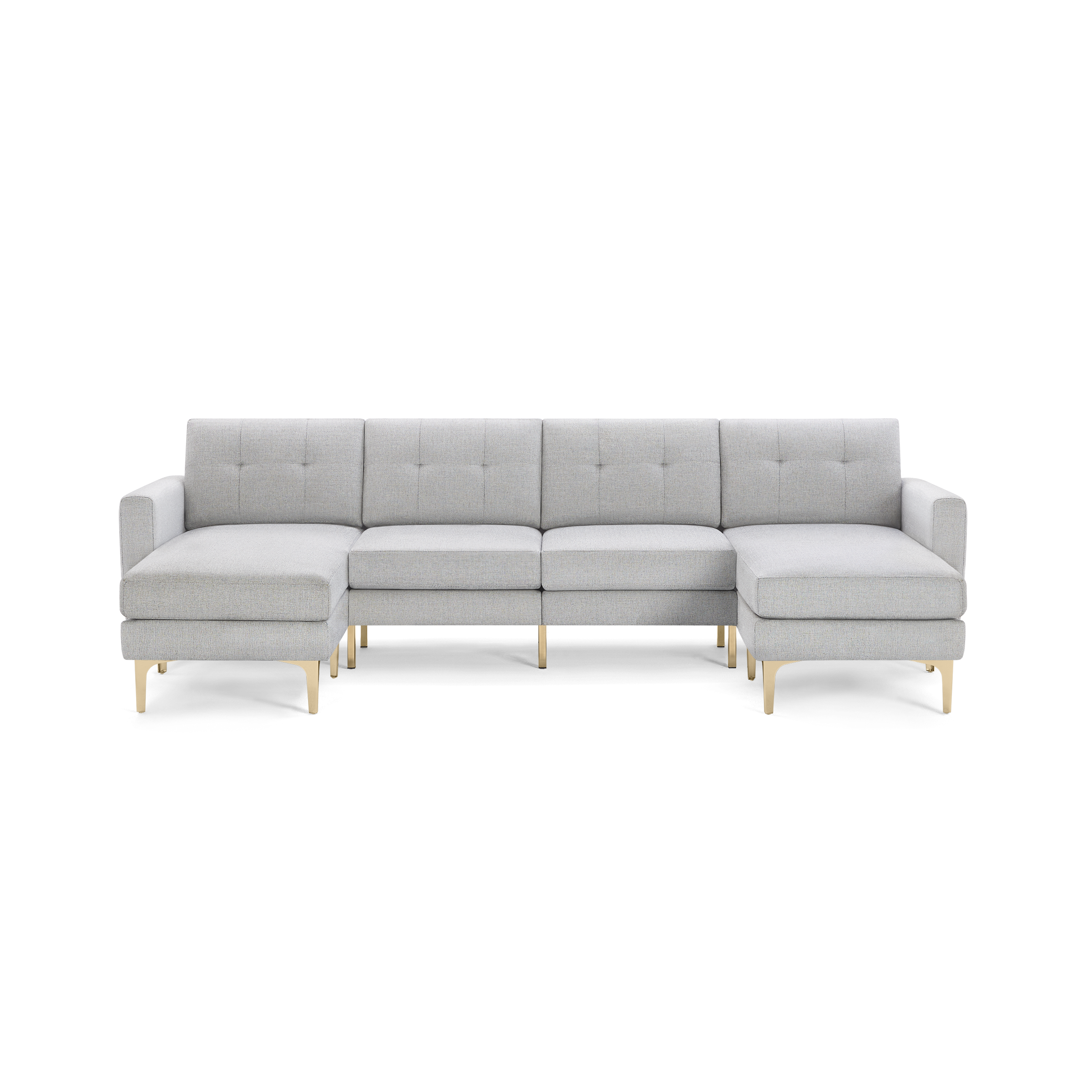 Light gray modern sectional sofa with tufted back cushions and slim gold metal legs, featuring left and right chaise ends.