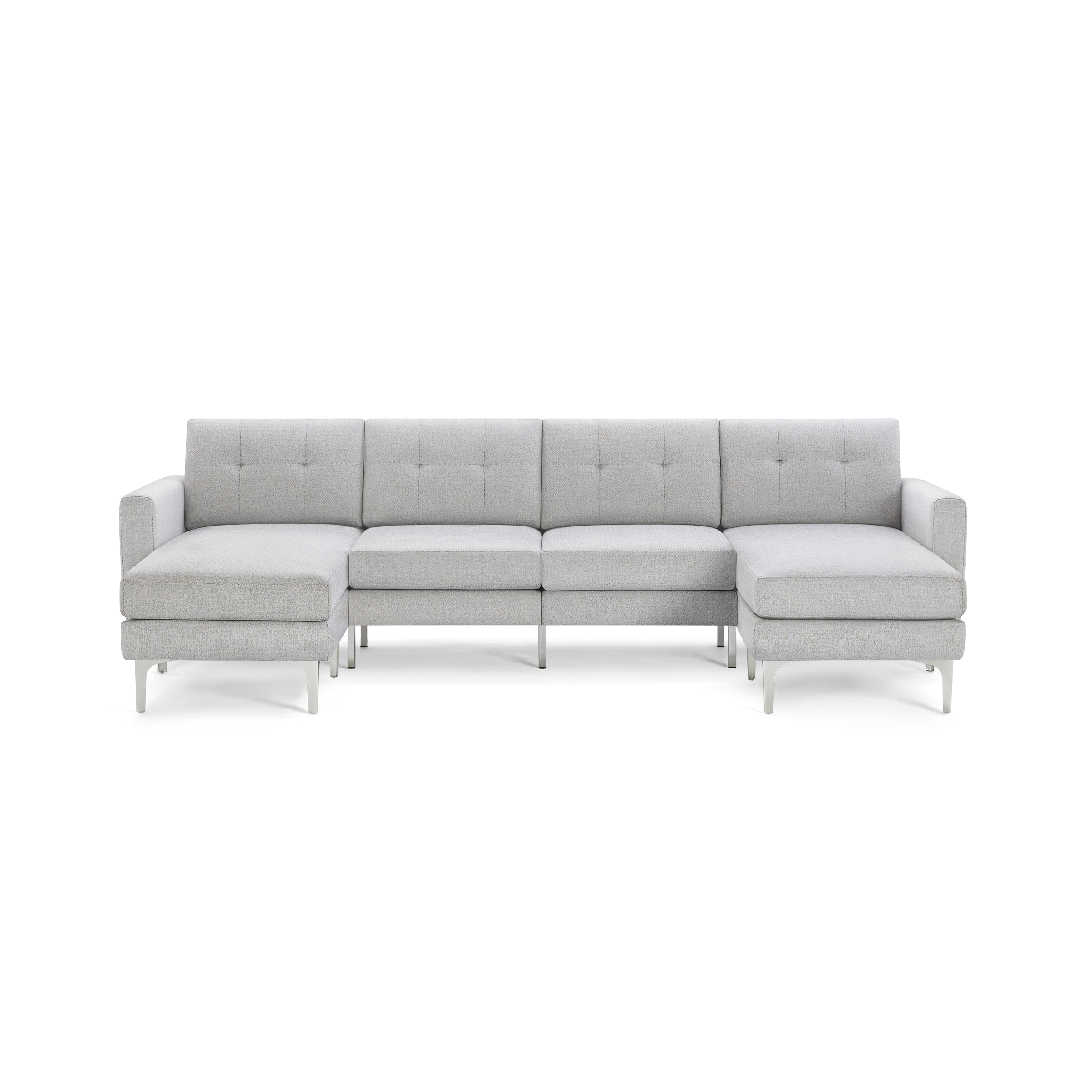 Light gray modern sectional sofa with tufted back cushions, metal legs, and symmetrical chaise lounges on both ends.