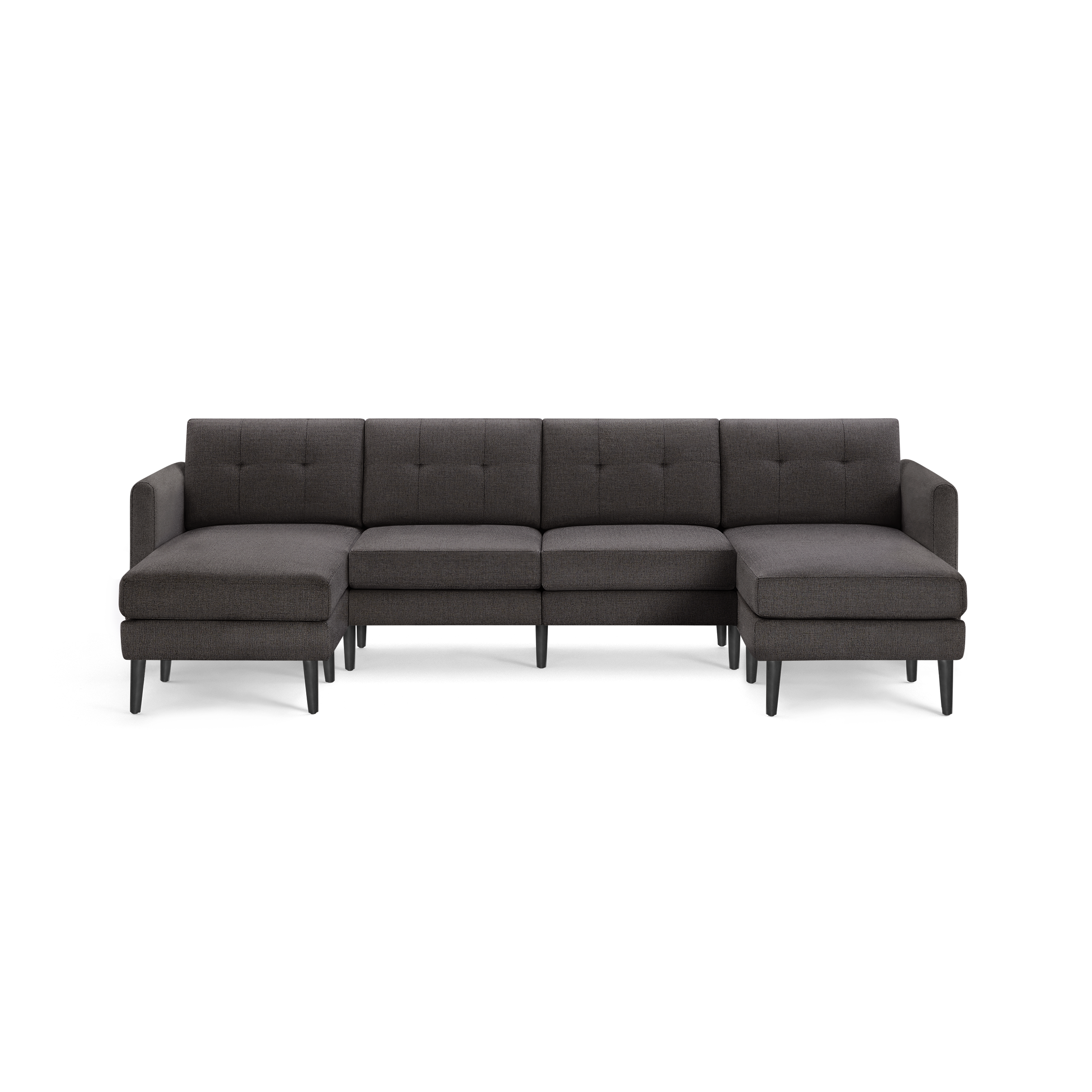 Dark gray modern sectional sofa with tufted back cushions, two chaise lounges on each end, and black tapered legs.