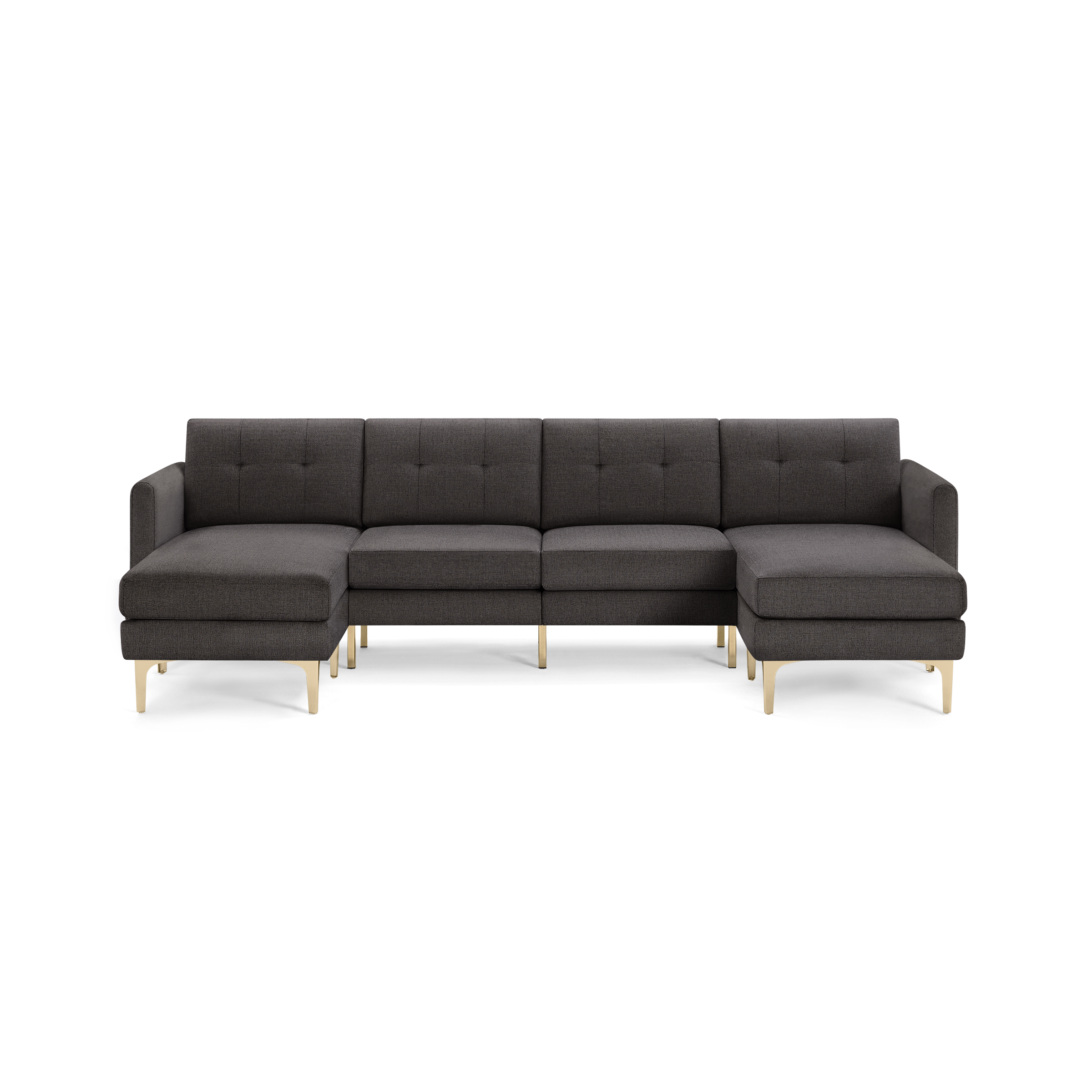 Dark gray sectional sofa with tufted back cushions, two armrests, and light wooden legs, featuring left and right chaise lounges.
