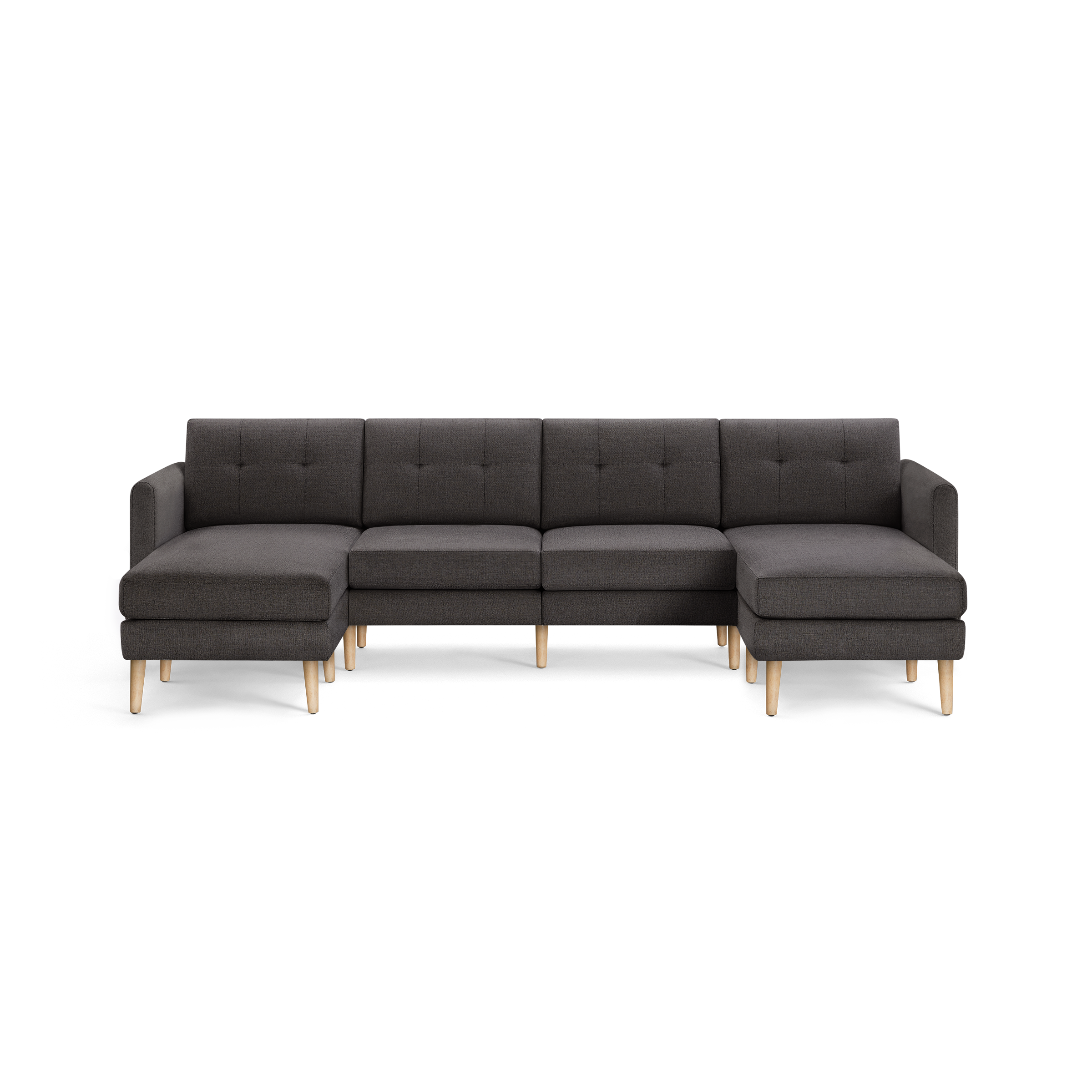 Dark gray modern sectional sofa with tufted cushions and light wooden legs, featuring left and right chaise lounge ends.