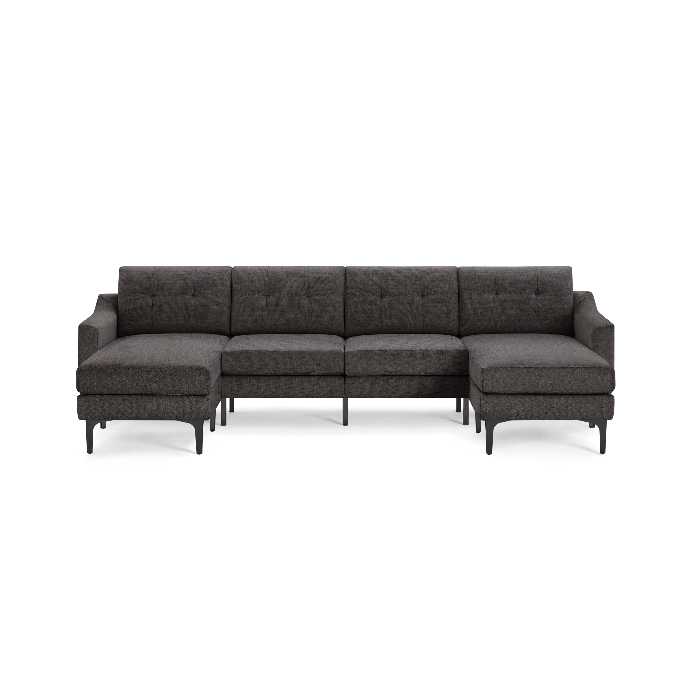 Modern dark gray fabric sectional sofa with tufted backrests, low arms, and black metal legs, including left and right chaise lounges.