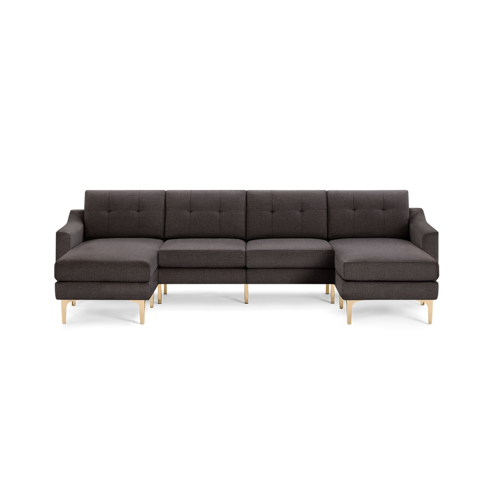 Dark gray modern sectional sofa with tufted back cushions and gold metal legs, featuring left and right chaise ends.