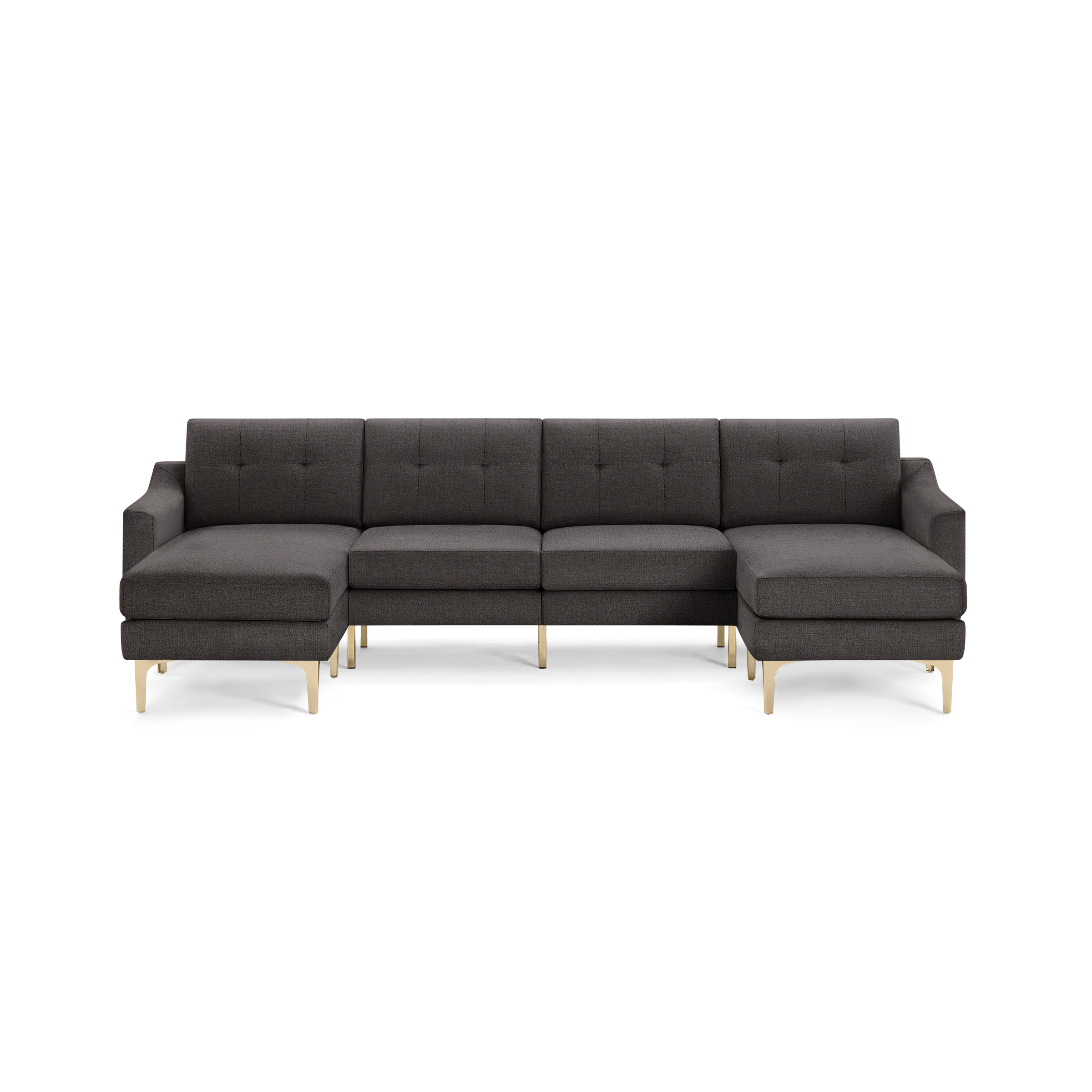 Dark gray modern sectional sofa with tufted back cushions and gold metal legs, featuring left and right chaise ends.