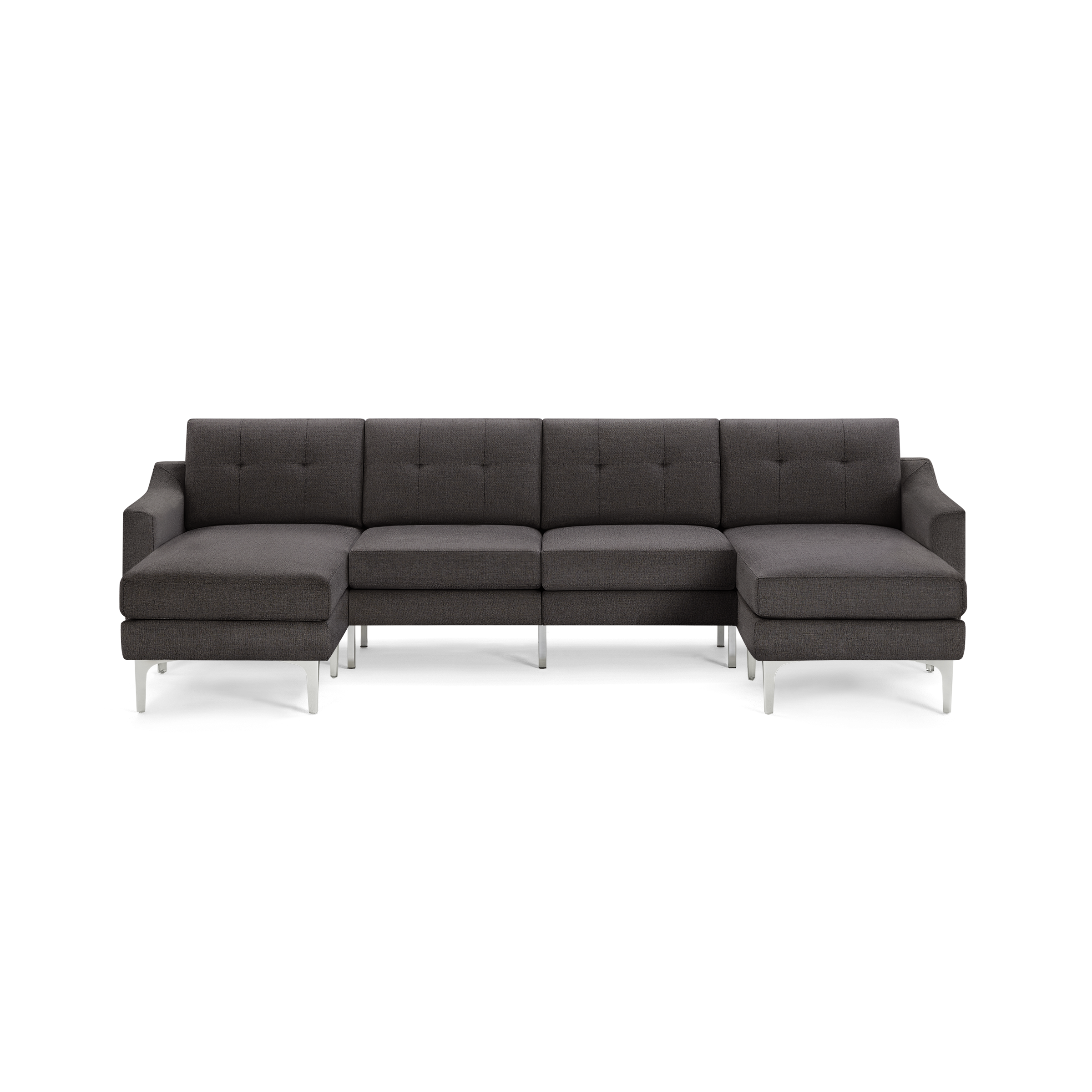 Modern dark gray sectional sofa with chaise lounges on both ends, tufted back cushions, and sleek metal legs.