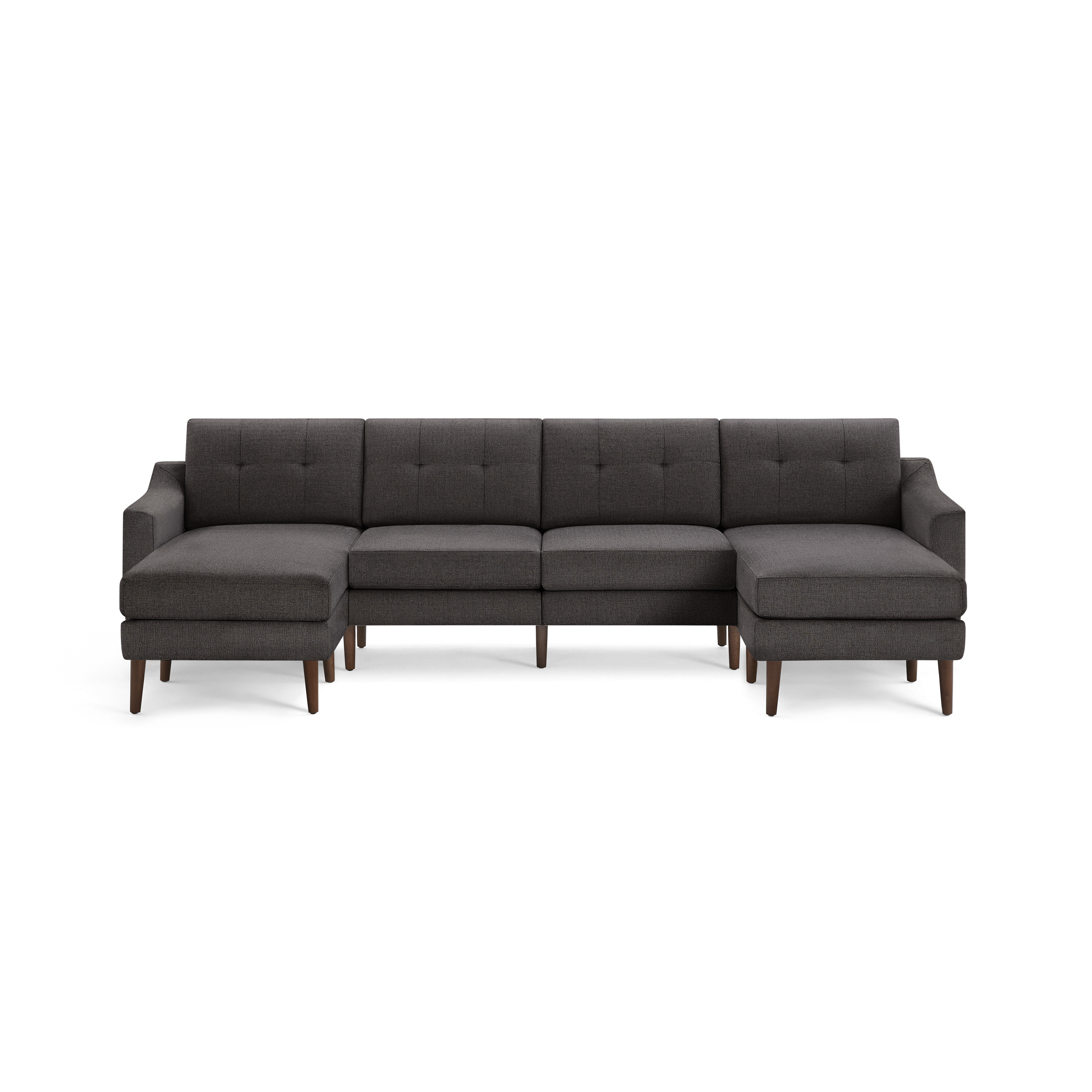 Dark gray fabric sectional sofa with tufted back cushions, wooden tapered legs, and chaise ends on both sides.