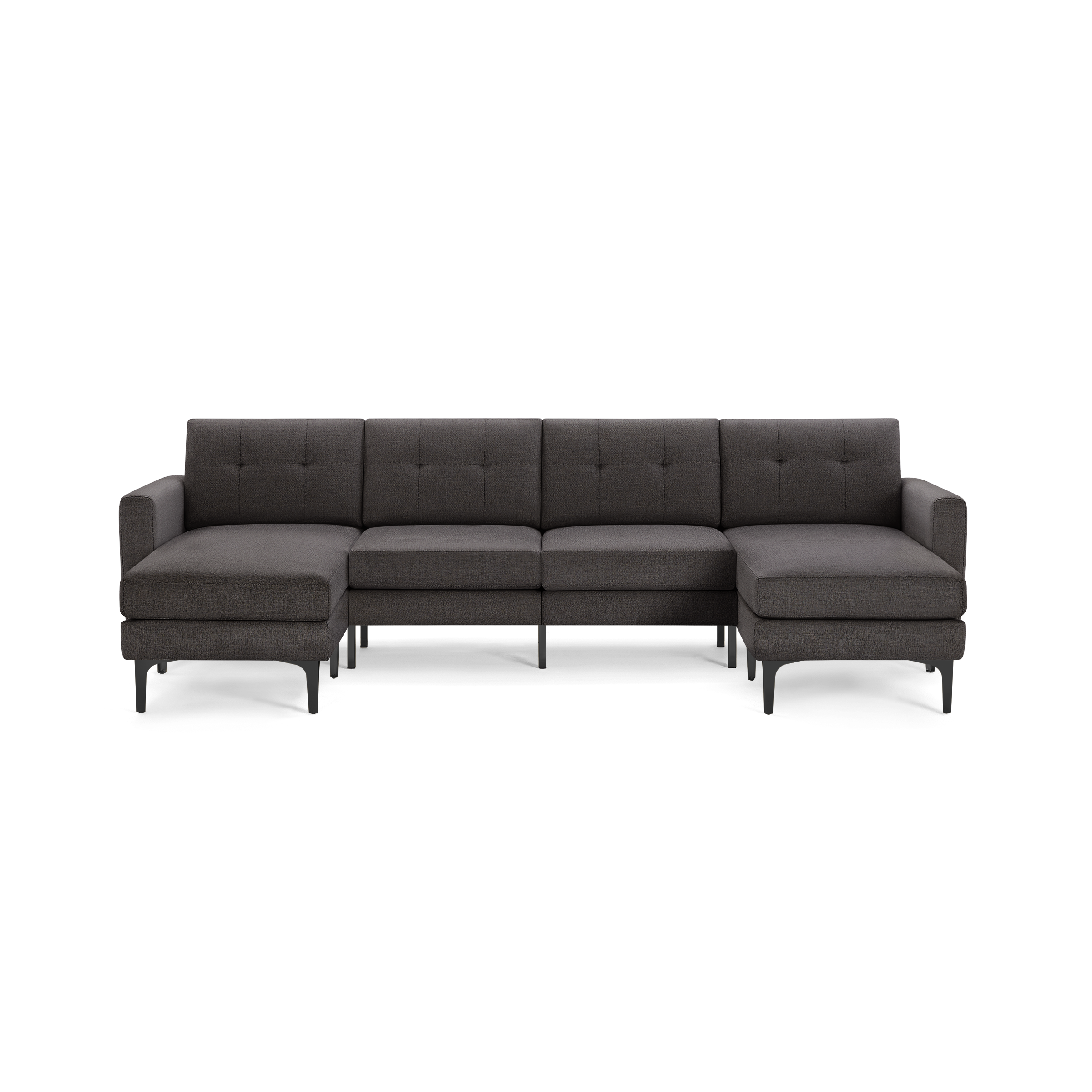 Dark gray upholstered sectional sofa with tufted back cushions, two chaise lounges, and black metal legs.