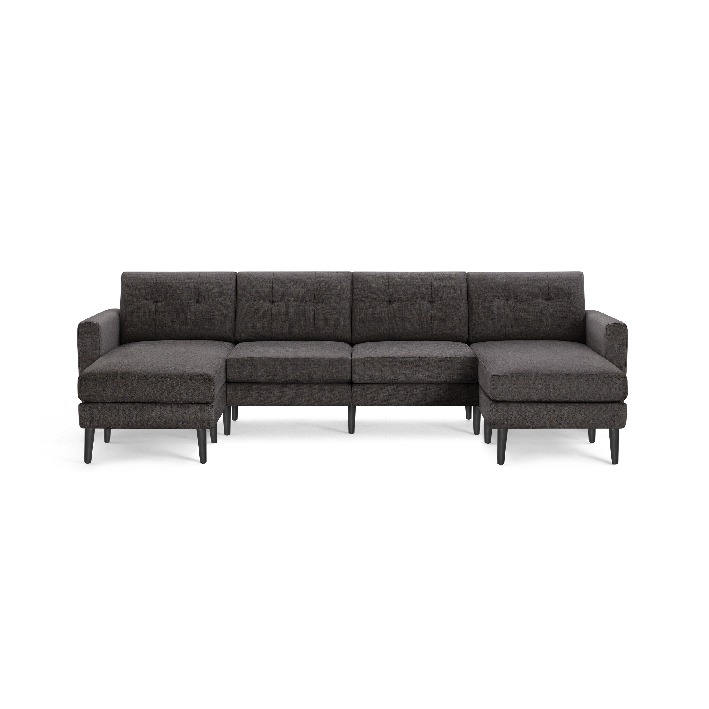 Dark gray upholstered sectional sofa with tufted backrest, left and right chaise lounges, and black tapered wooden legs.