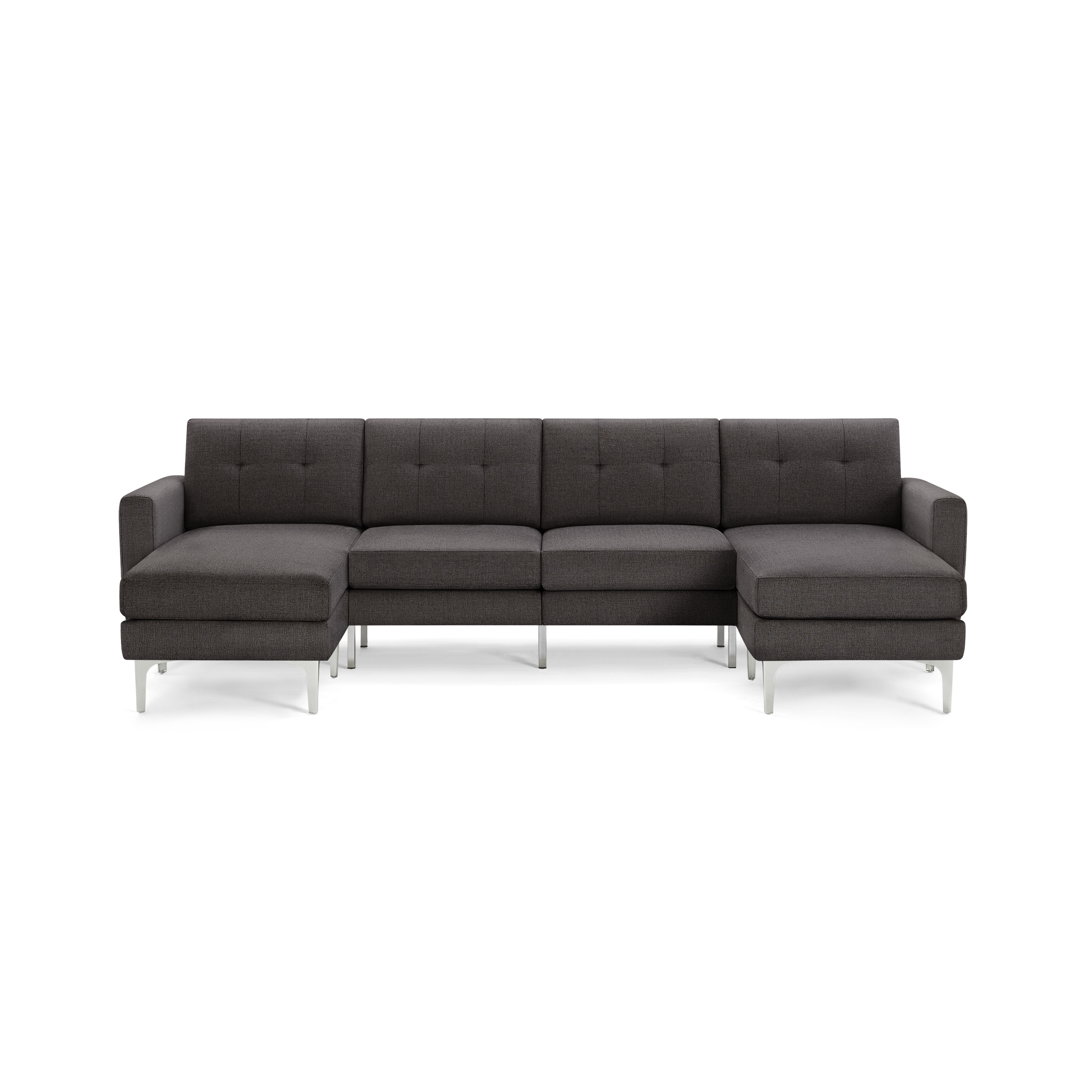 Modern dark gray sectional sofa with tufted back cushions, right and left chaise lounges, and metal legs.