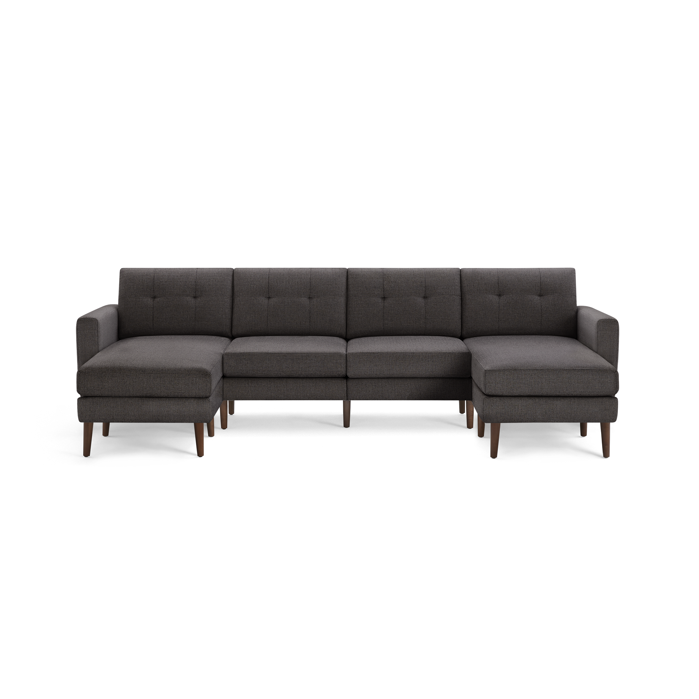 Dark gray L-shaped sectional sofa with tufted back cushions and wooden legs, featuring both left and right chaise lounges.