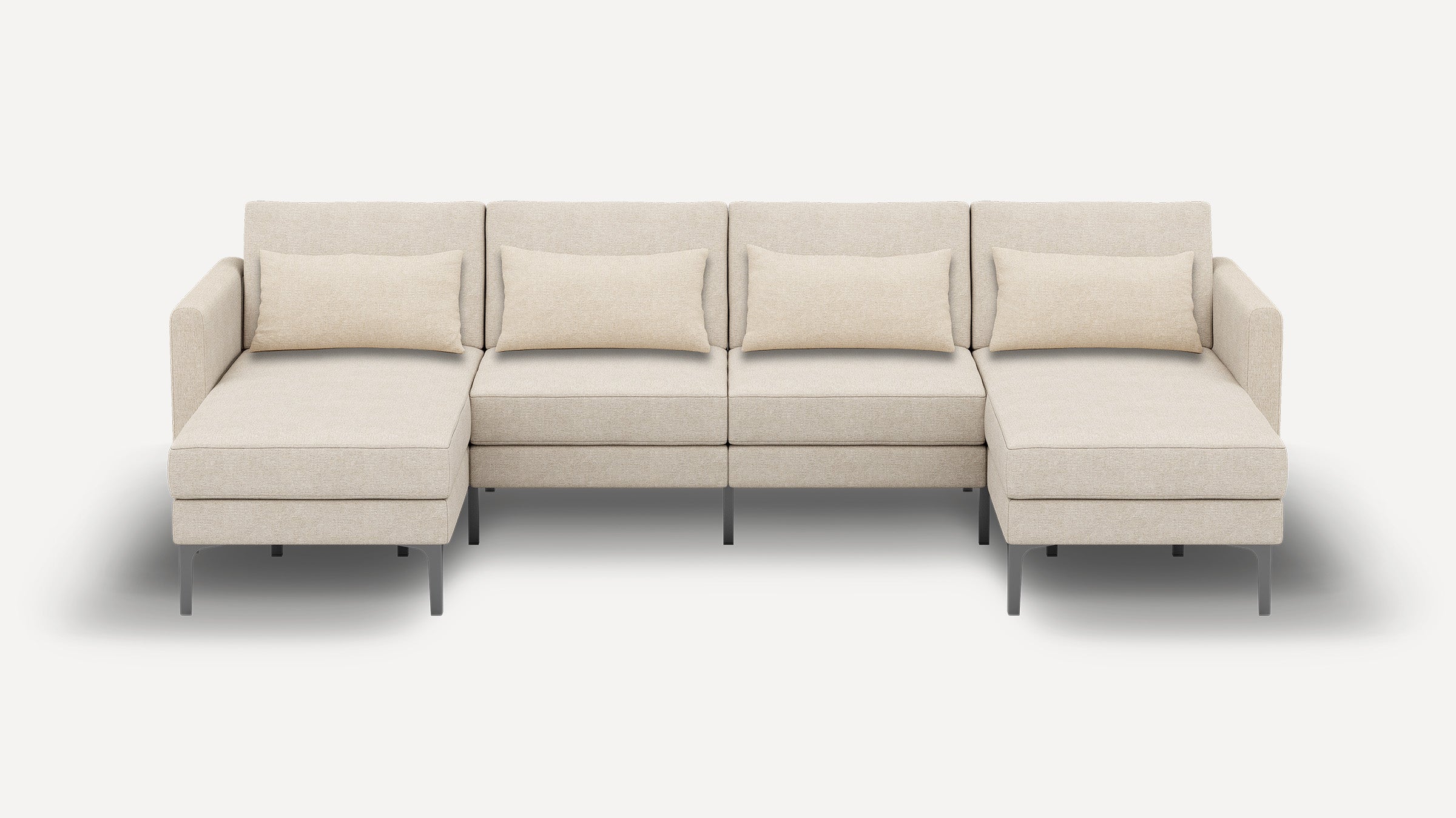 Beige modern sectional sofa with clean lines, metal legs, and four rectangular lumbar pillows, featuring left and right chaise lounges.