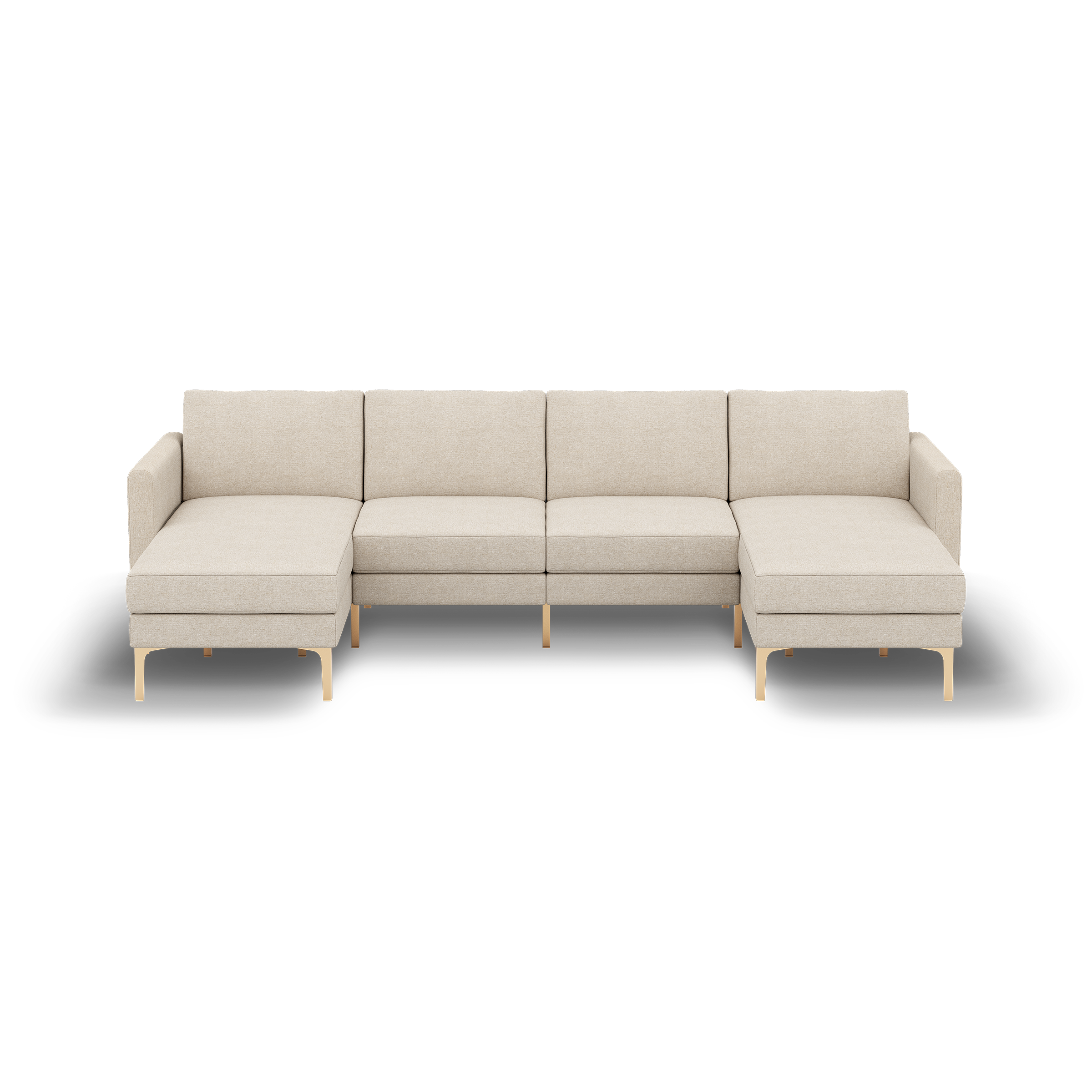 Beige modern sectional sofa with chaise lounges on both ends, soft fabric upholstery, and wooden legs, designed for spacious seating.