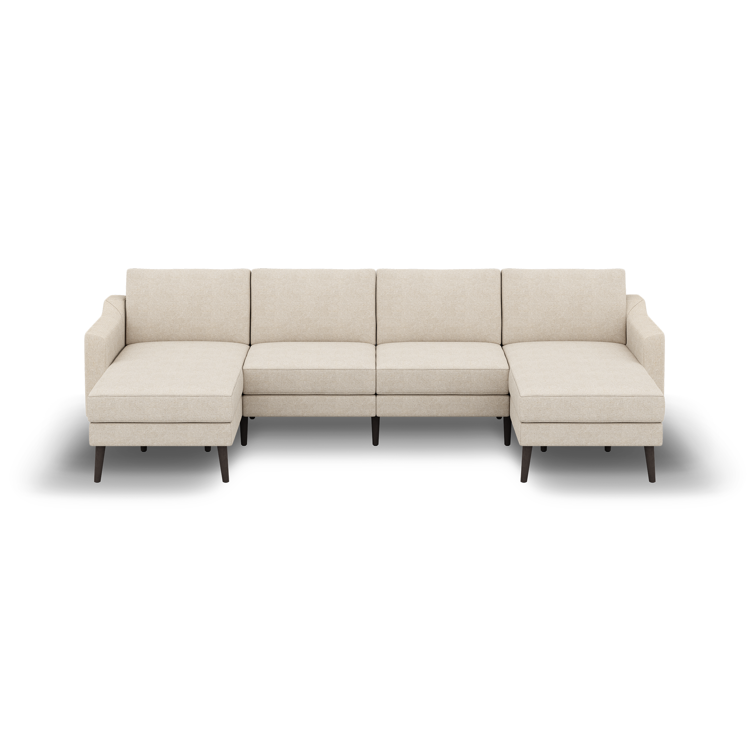Modern beige fabric sectional sofa with left and right chaise, supported by dark wooden legs, minimalist design.