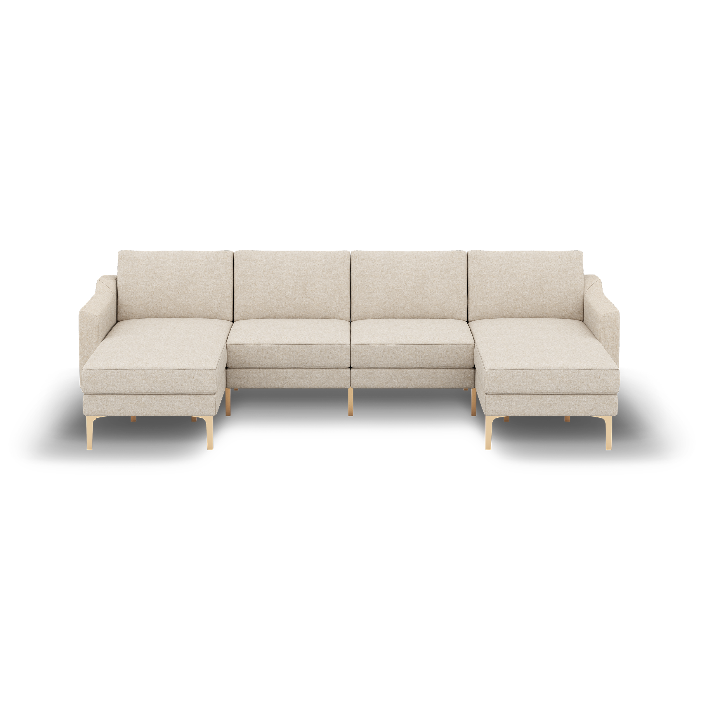 Beige fabric U-shaped sectional sofa with wooden legs, featuring left and right chaise lounges and plush back cushions.