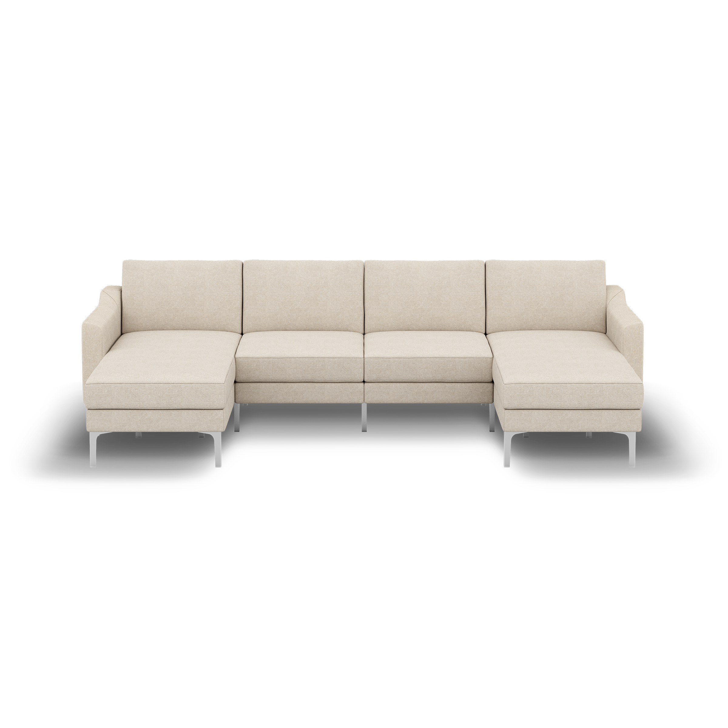 Beige modern modular sectional sofa with metal legs, featuring two chaise lounges on each end and four cushioned seats.