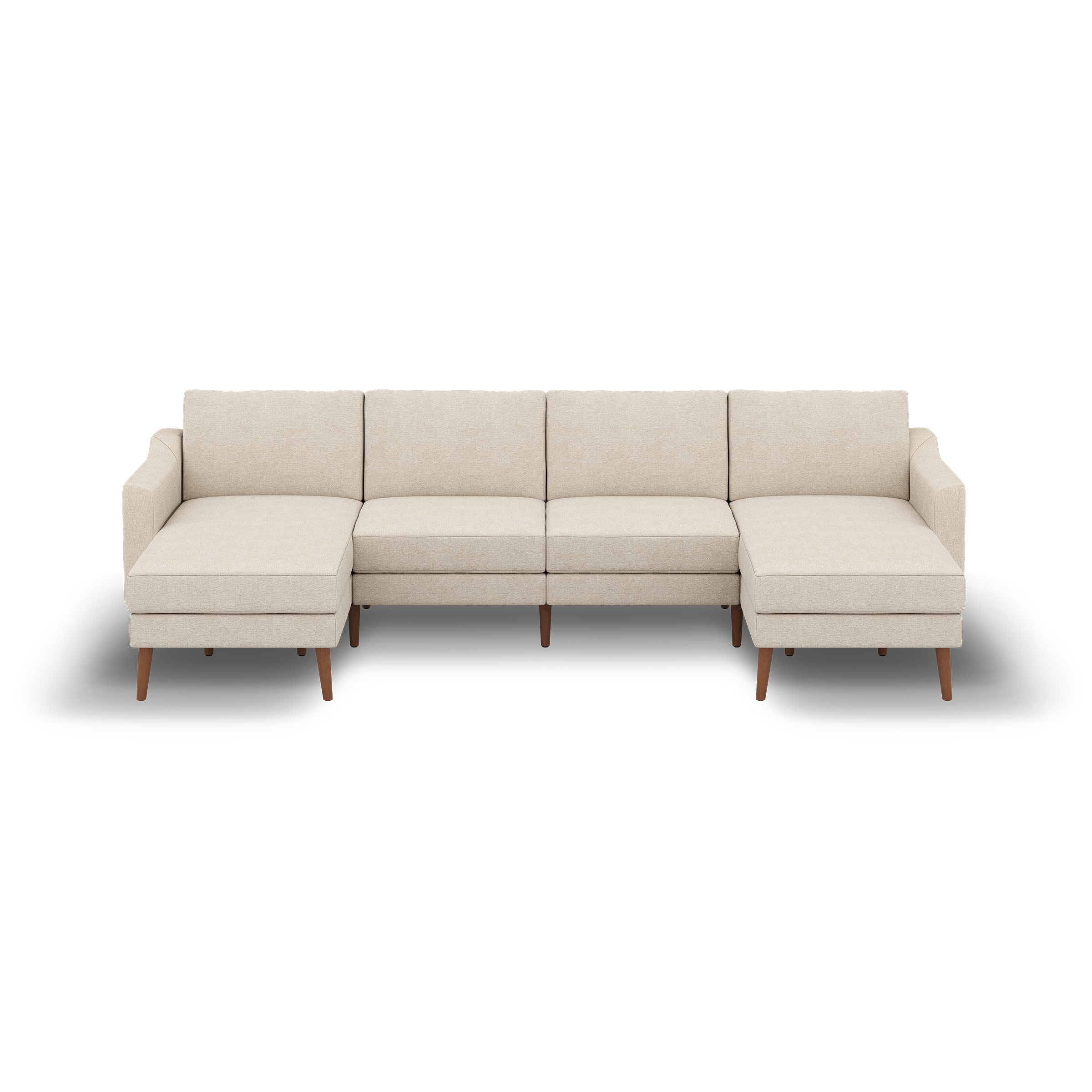 Beige fabric sectional sofa with wooden legs, featuring left and right chaise lounges and straight armrests.