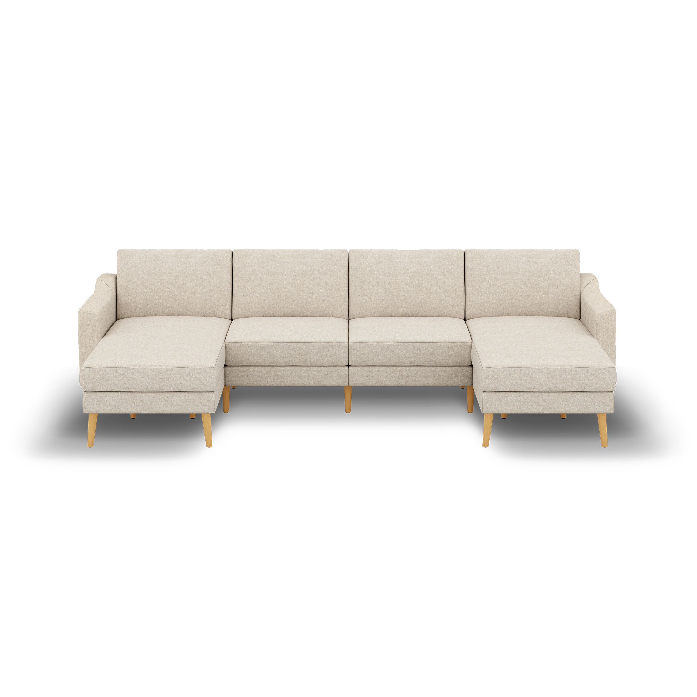 Beige modern sectional sofa with left and right chaise, wooden legs, and clean, straight lines on a black background.