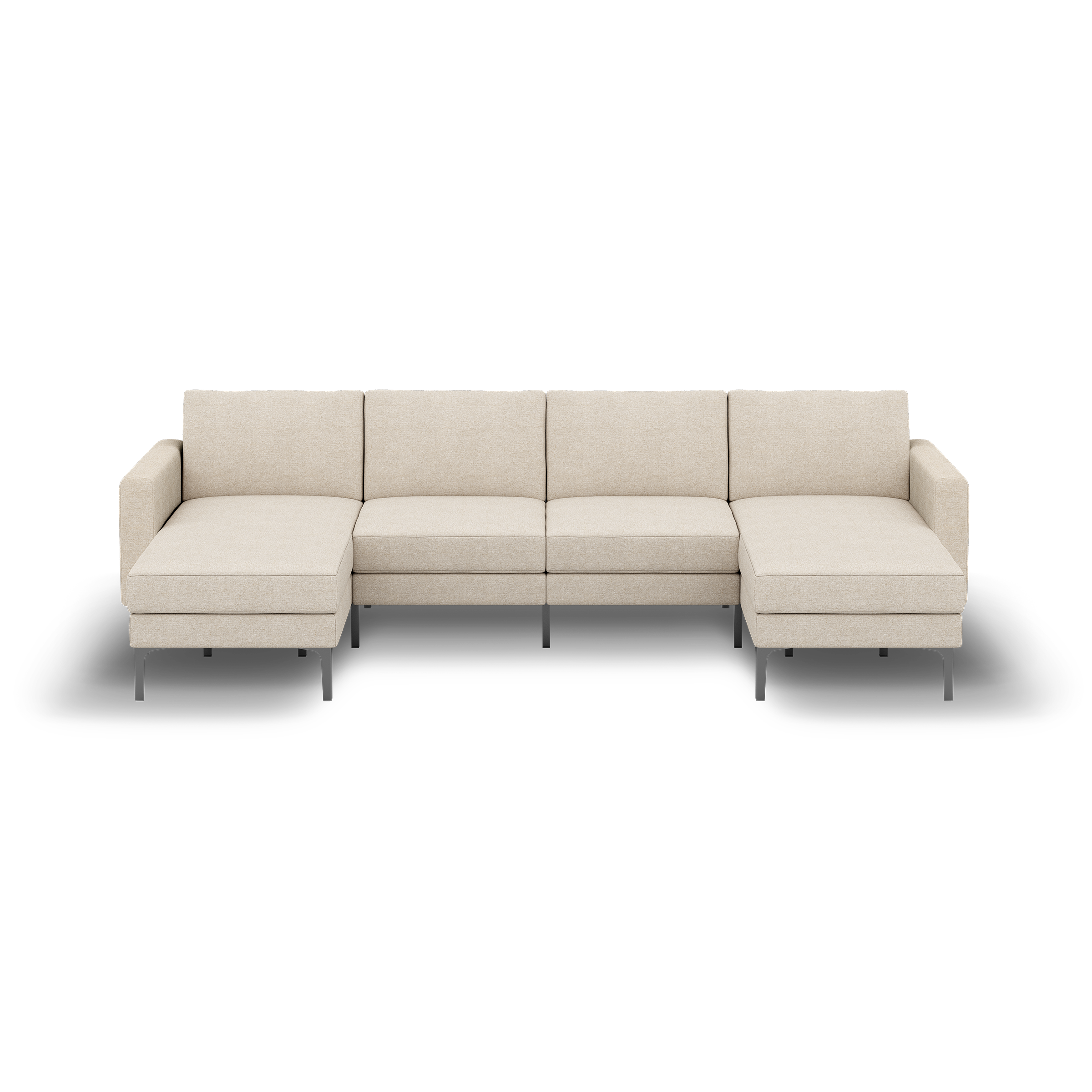 Beige fabric sectional sofa with two chaise lounges on each end and slim black metal legs, modern minimalist design.