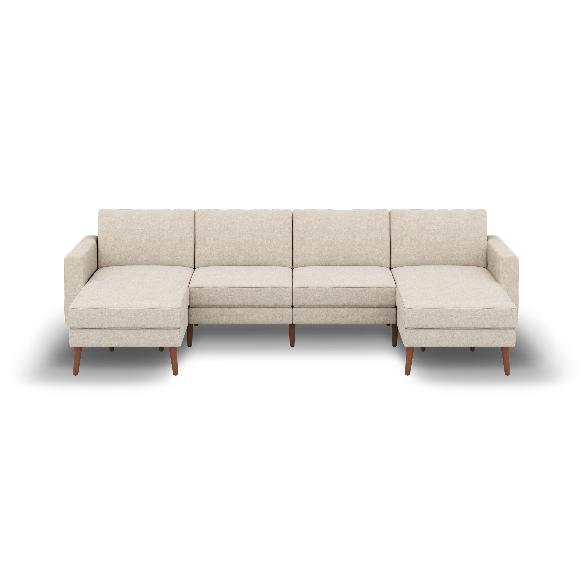 Beige sectional sofa with left and right chaise loungers, wooden legs, and clean, modern design on a black background.