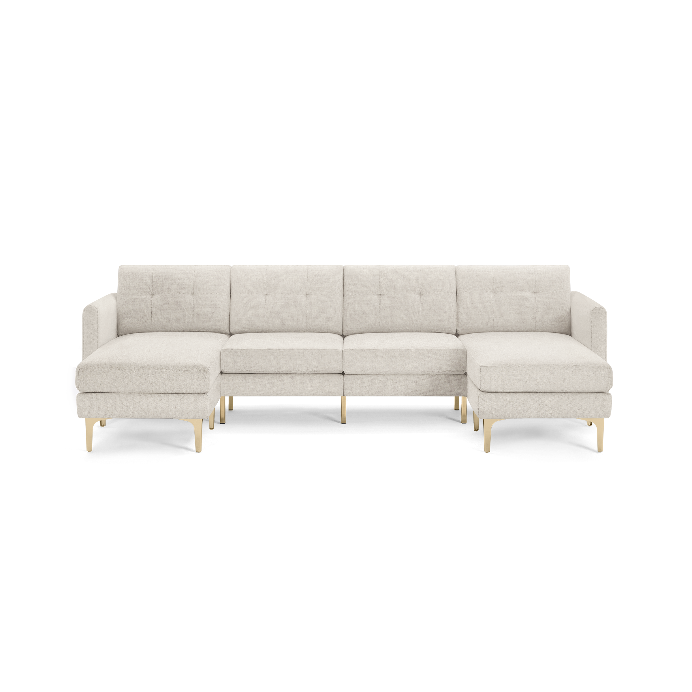 Beige fabric sectional sofa with left and right chaise, tufted back cushions, and light wooden legs, modern design.