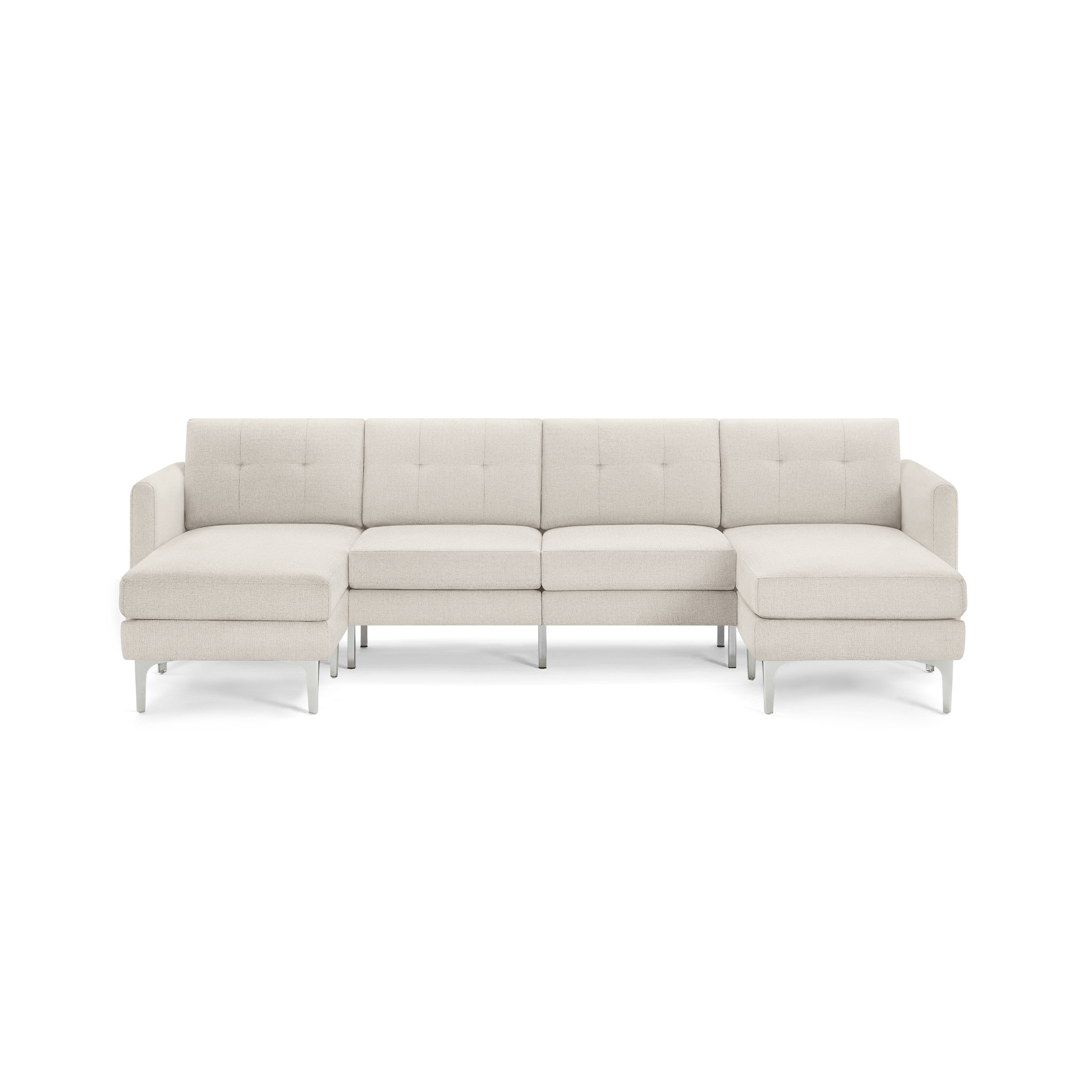 Modern beige sectional sofa with tufted backrests, metal legs, and chaise lounges on both ends.