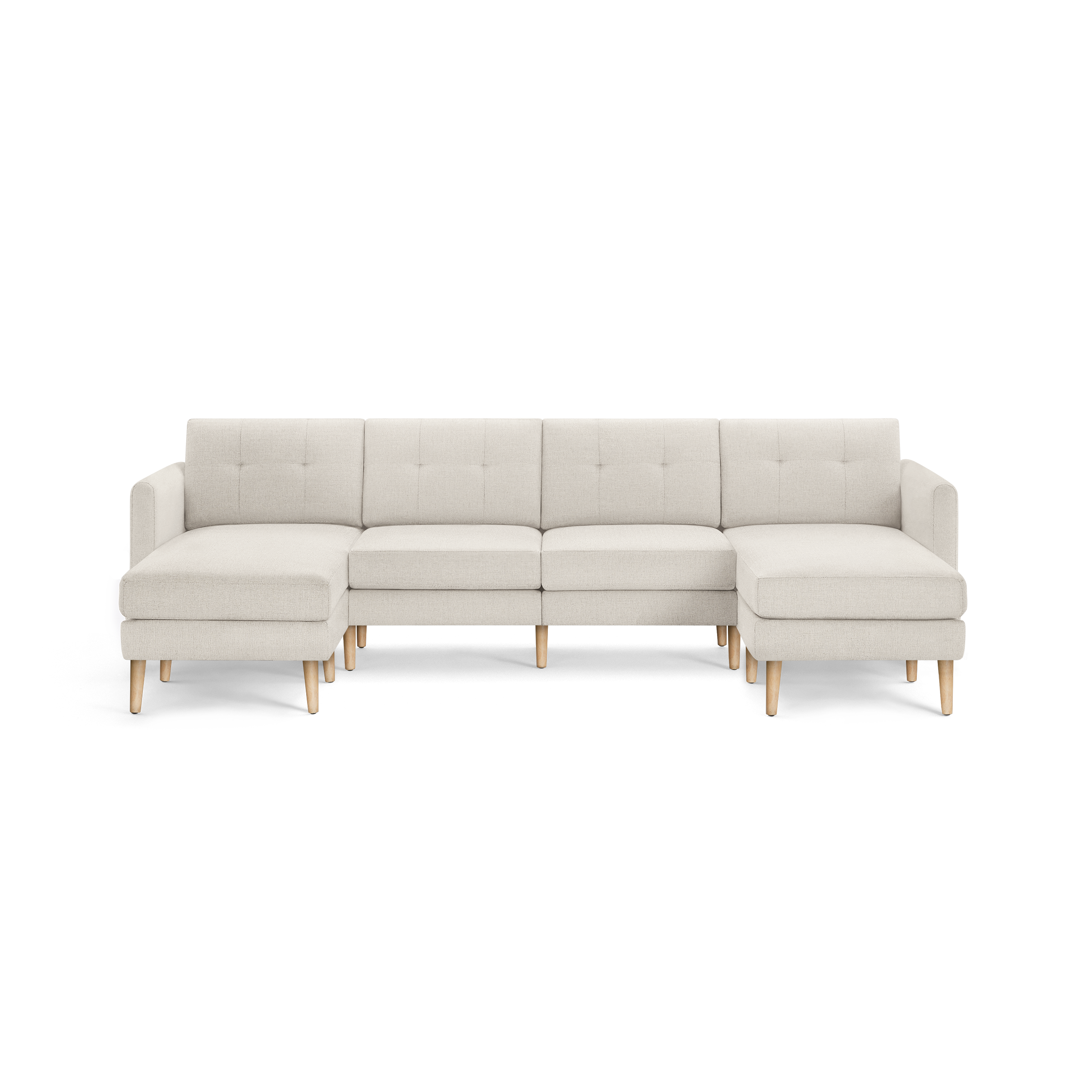 Beige fabric sectional sofa with tufted back cushions and light wooden legs, featuring left and right chaise lounges.