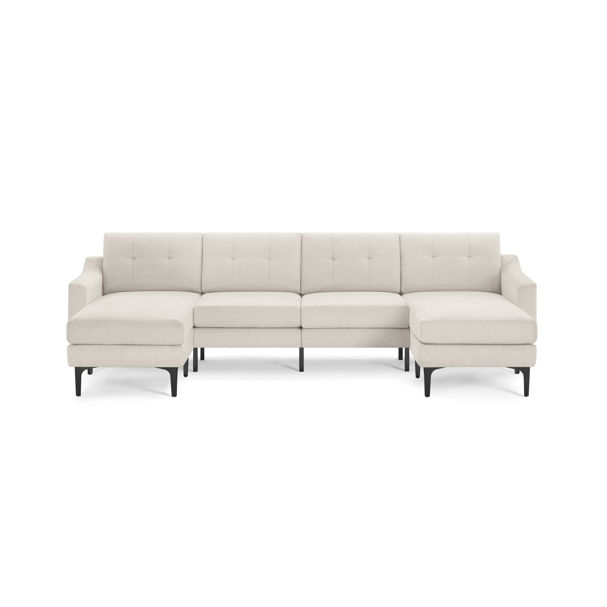 Beige fabric sectional sofa with tufted back cushions, black legs, and symmetrical chaise lounges on both ends.