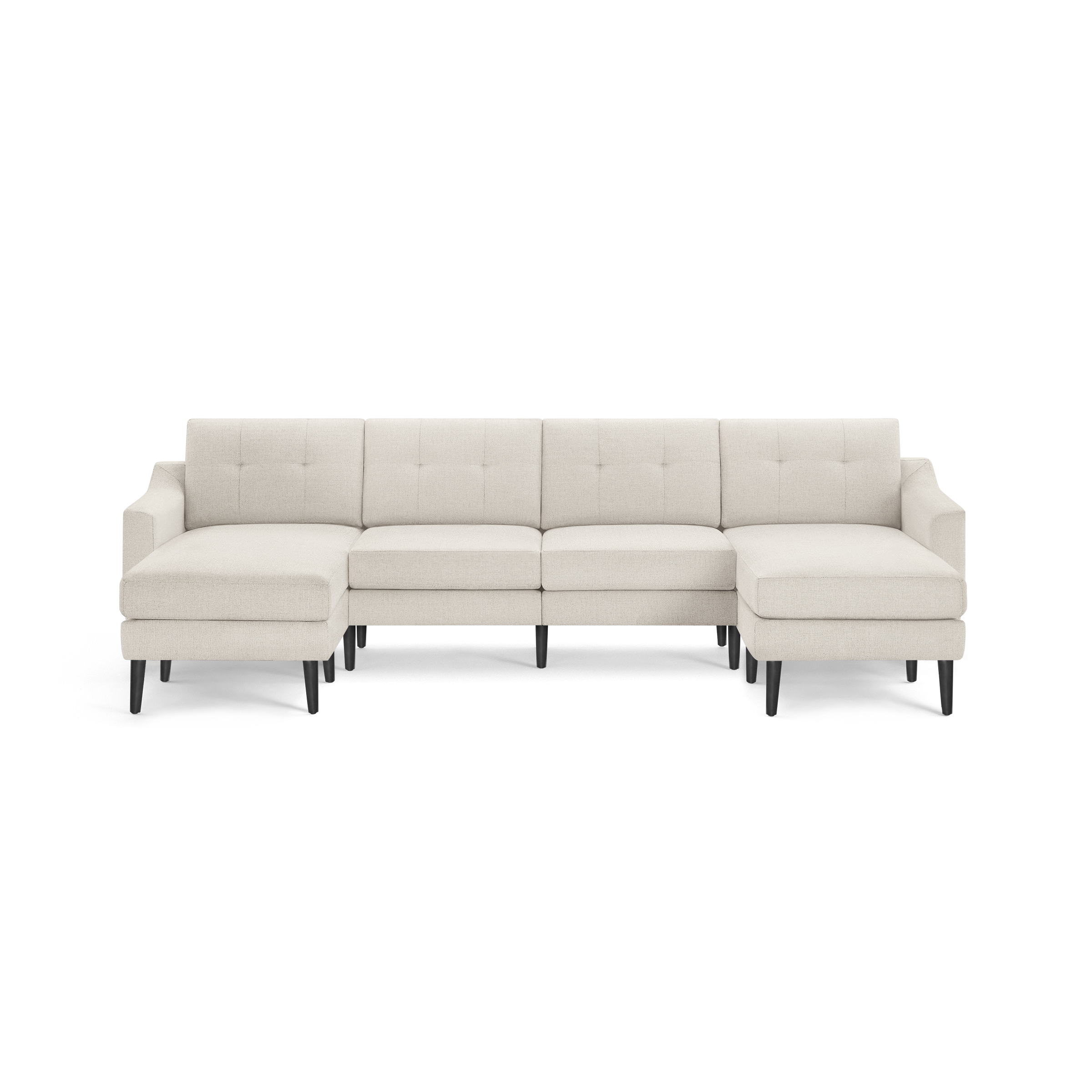 Beige fabric sectional sofa with tufted back cushions, chaise lounge on left and right ends, and black wooden legs.