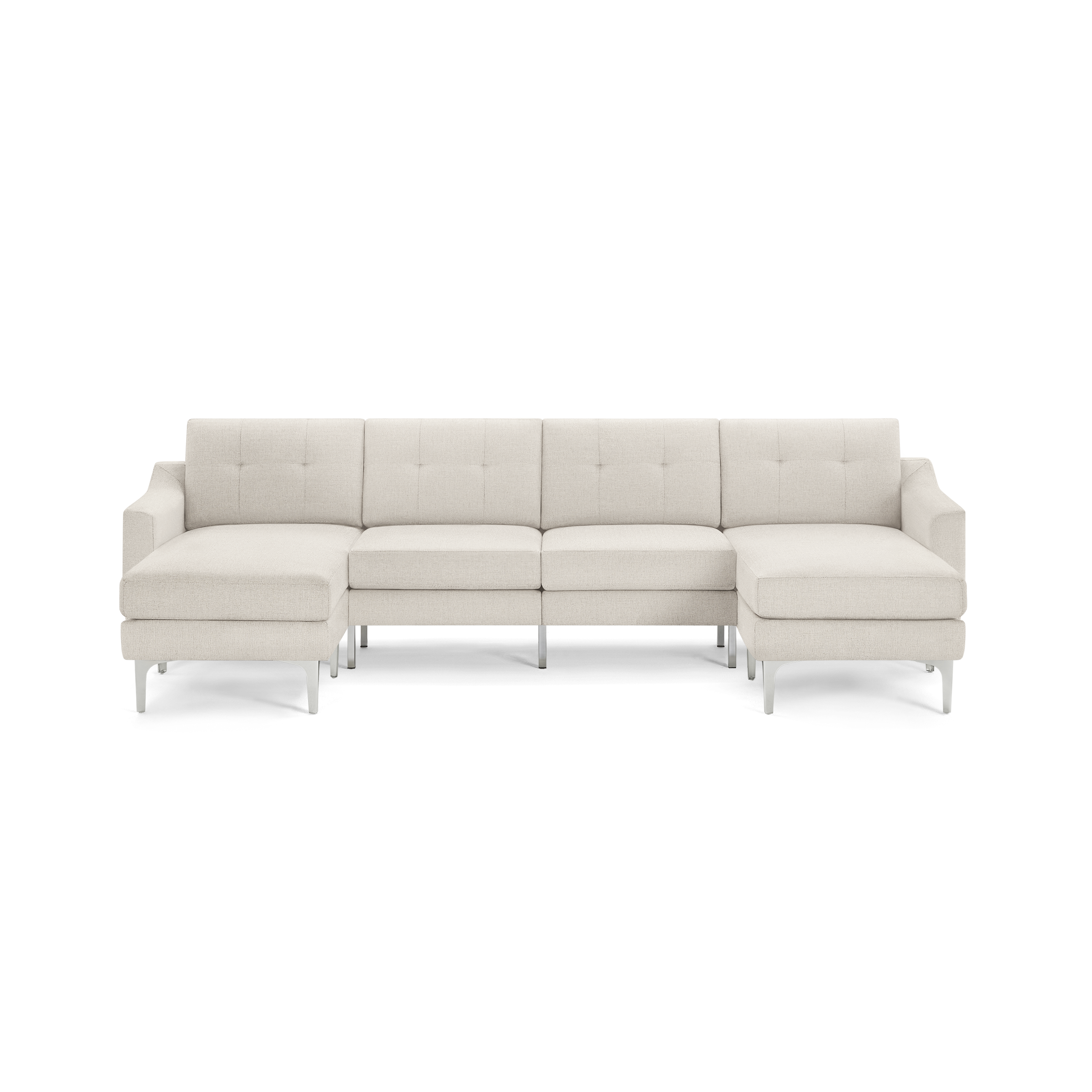 Beige modern sectional sofa with tufted back cushions, chaise lounges on both ends, supported by silver metal legs.