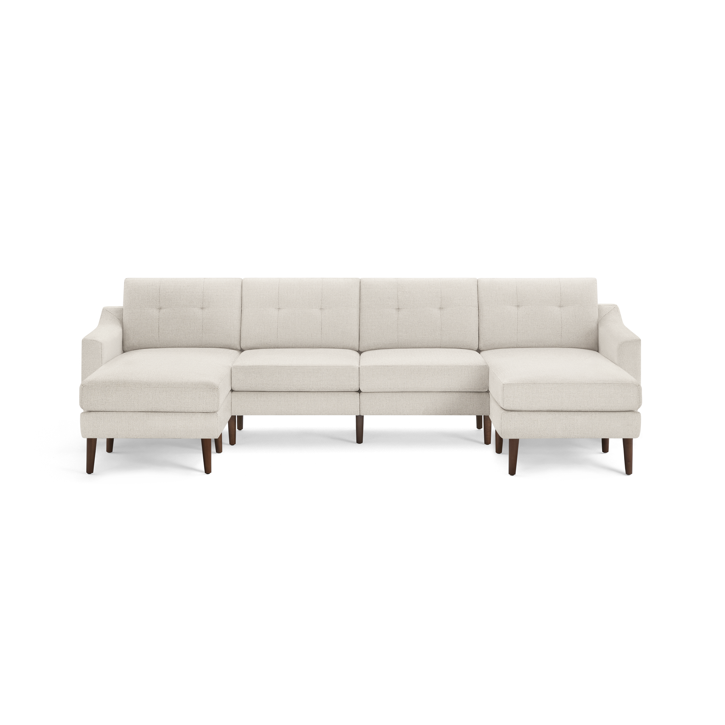 Beige fabric sectional sofa with tufted back cushions, left and right chaise ends, and wooden legs.