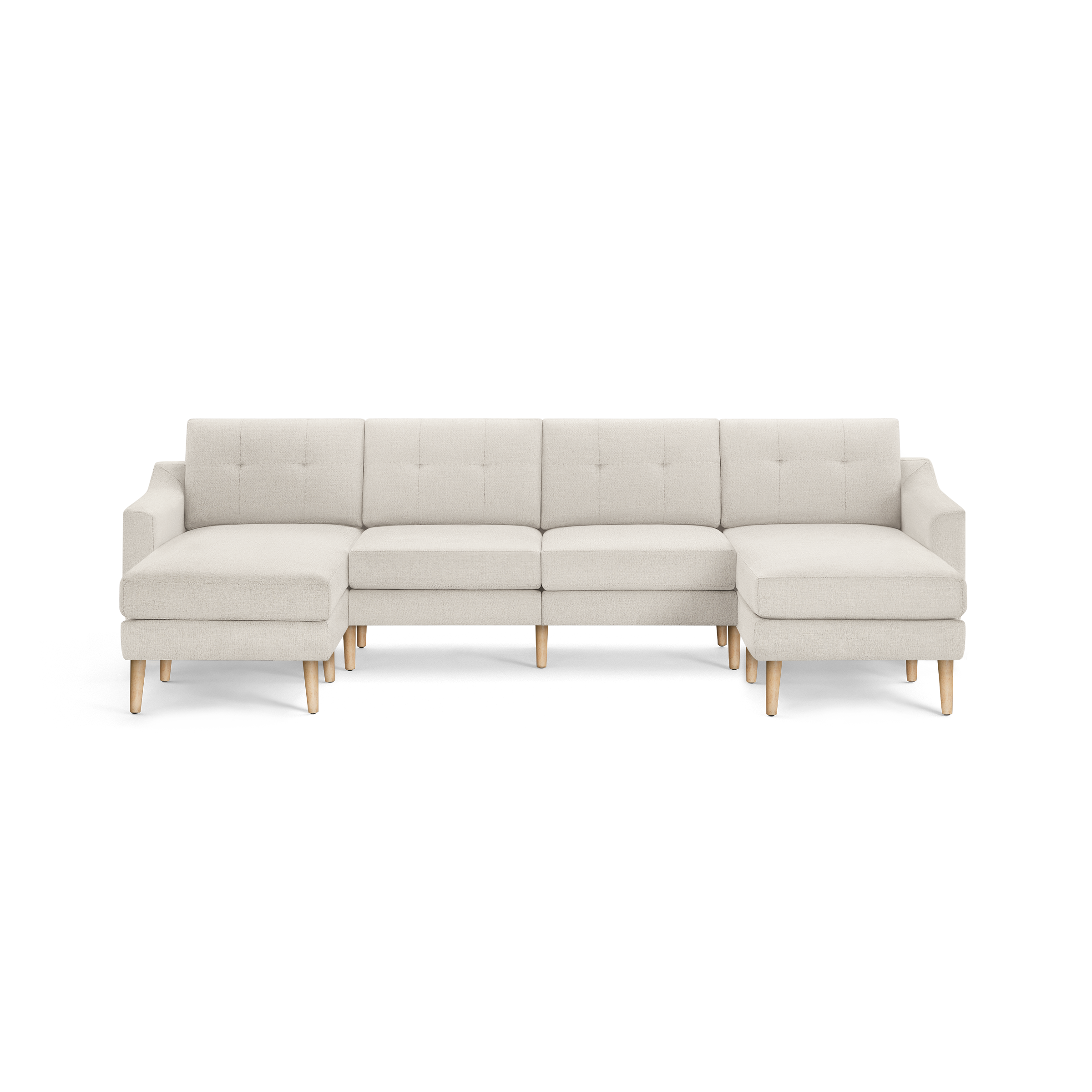 Modern beige fabric sectional sofa with tufted backrest, wooden legs, and two chaise lounges on each side.