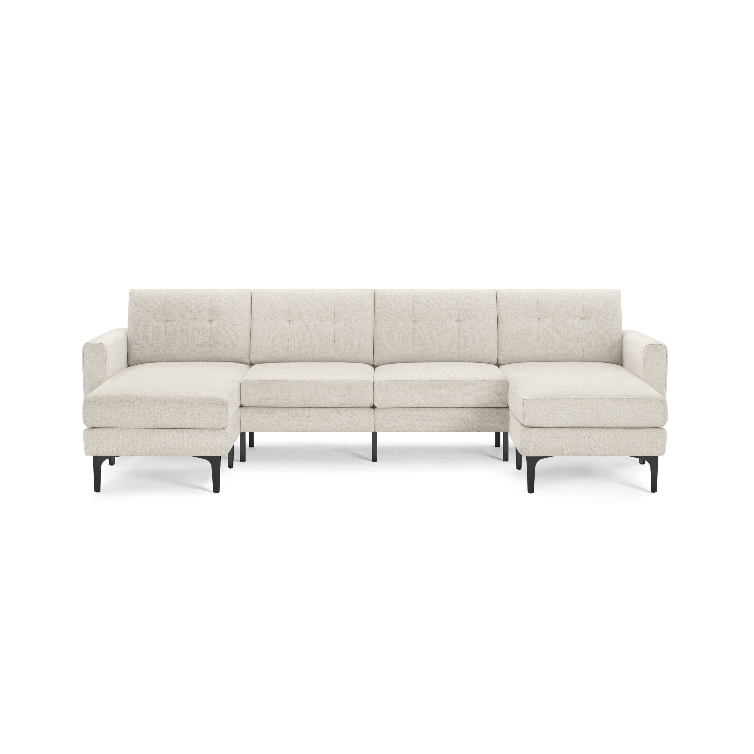Modern beige sectional sofa with button-tufted back, L-shaped design, and black angled legs, suitable for spacious living rooms.