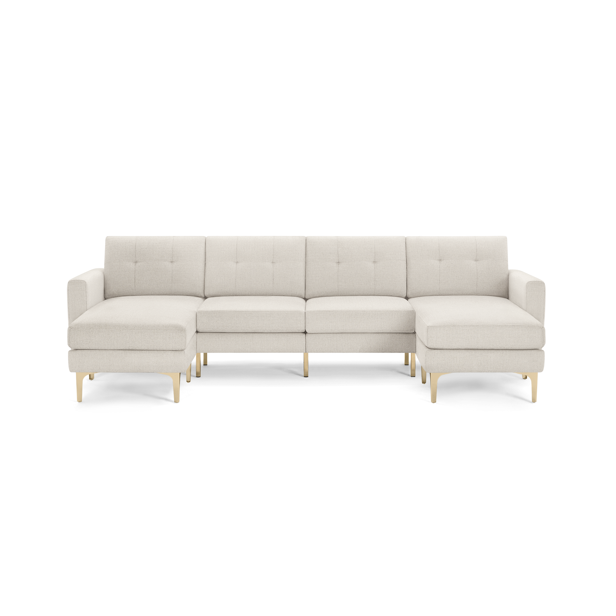 Light beige L-shaped sectional sofa with tufted cushions and wooden angled legs, featuring two chaise lounges on each end.