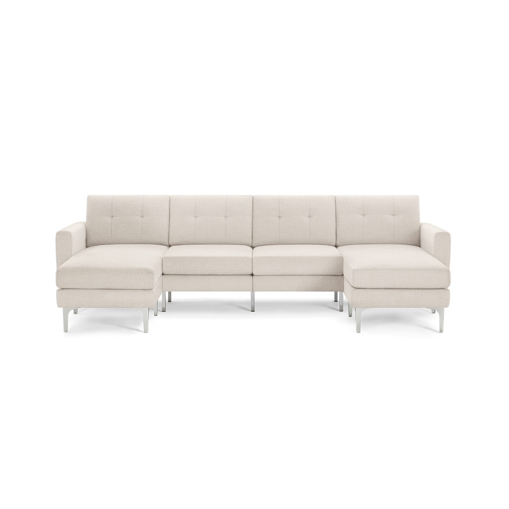 Modern L-shaped beige fabric sectional sofa with tufted back cushions and metal legs, featuring left and right chaise ends.