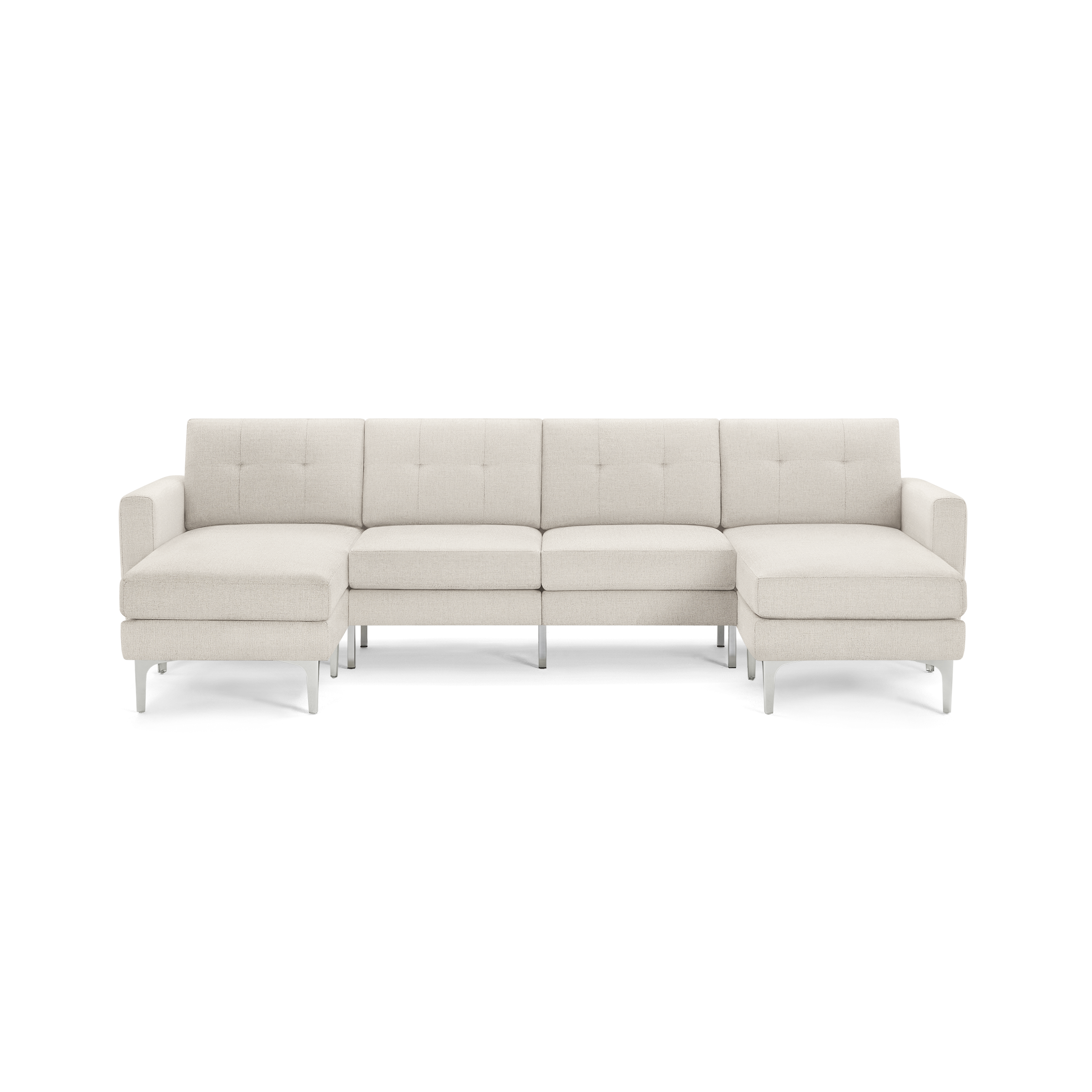 Modern L-shaped beige fabric sectional sofa with tufted back cushions and metal legs, featuring left and right chaise ends.