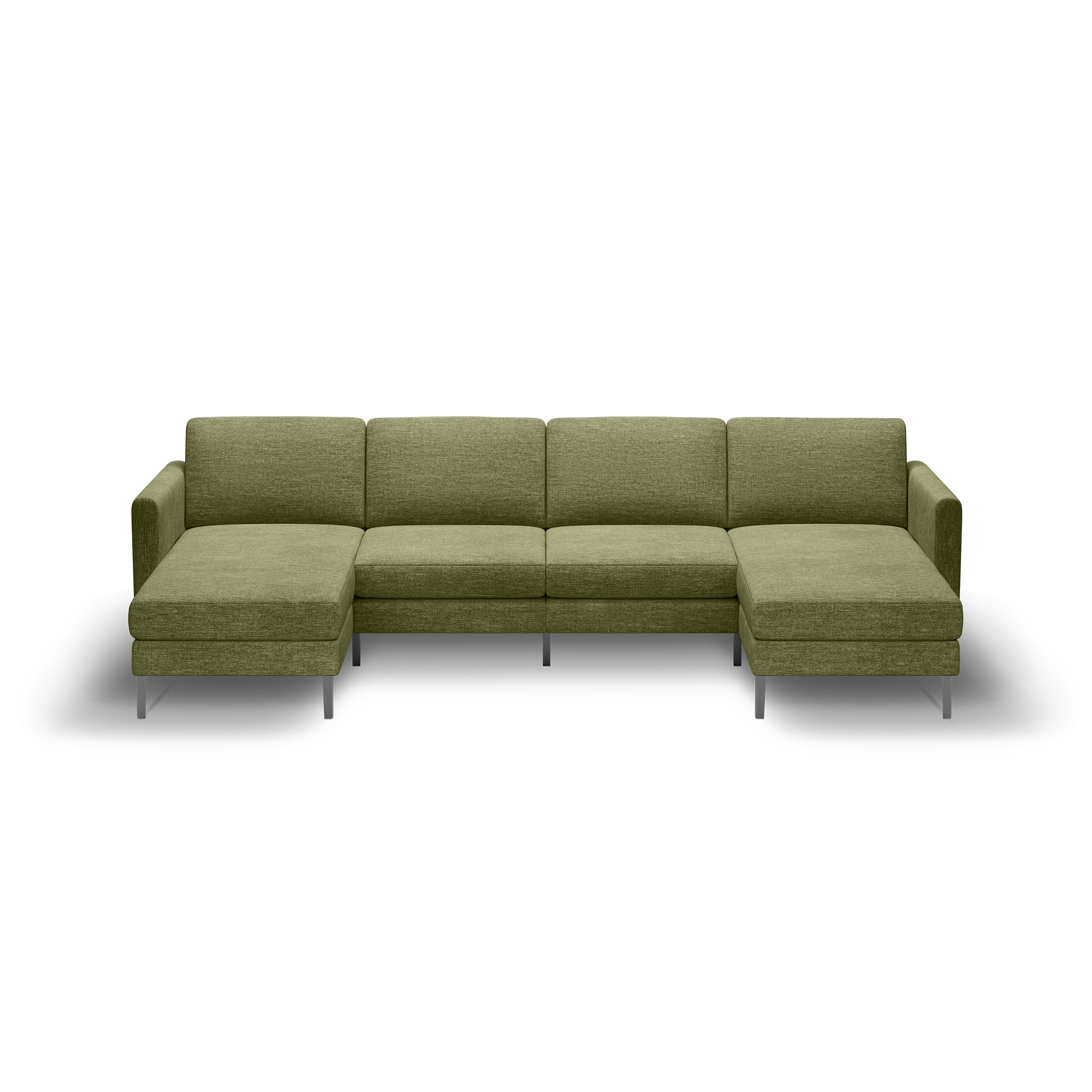 Modern olive green sectional sofa with clean lines, metal legs, and two chaise lounges on either side, against a black background.