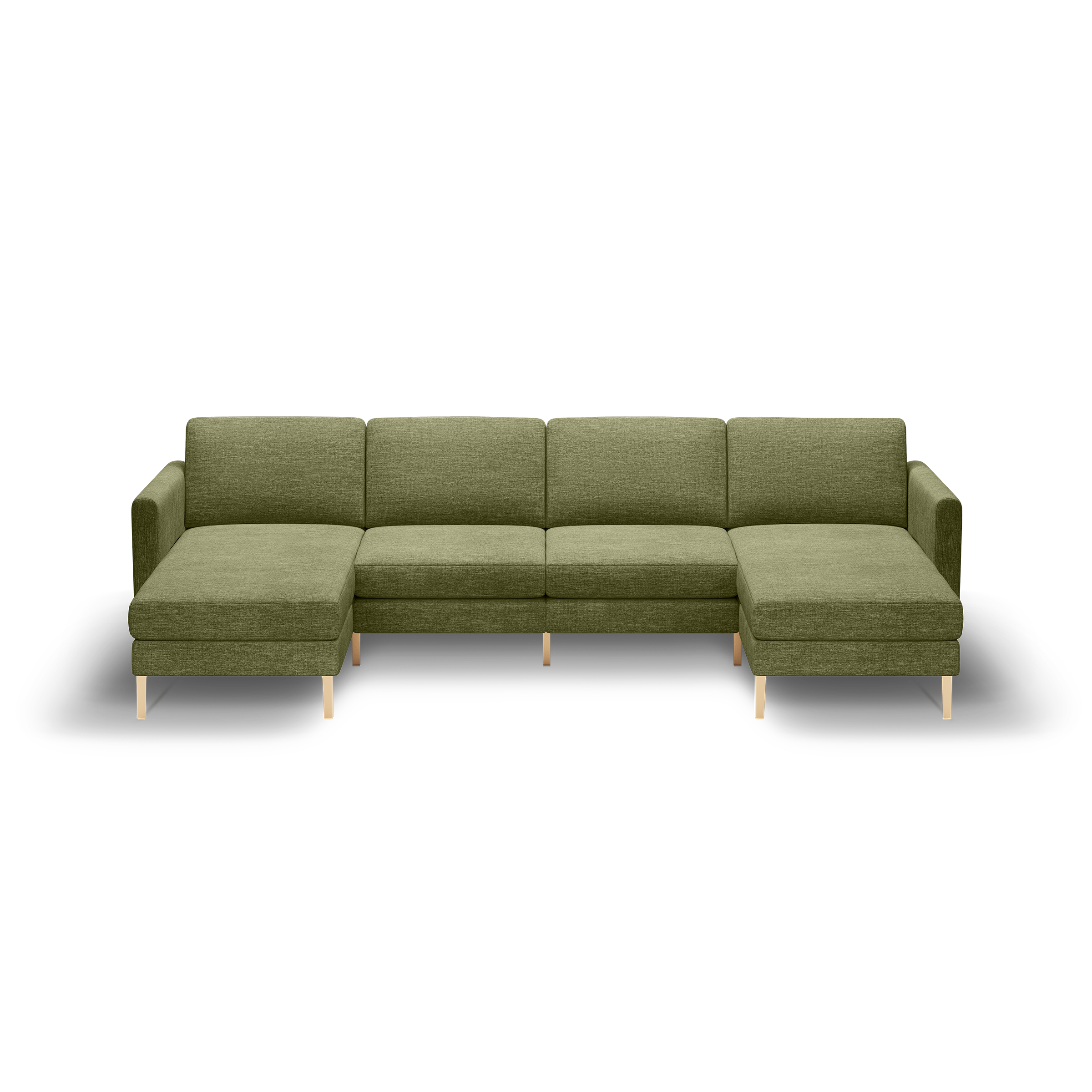 Modern olive green fabric sectional sofa with wooden legs, featuring left and right chaise lounge ends and cushioned backrests.
